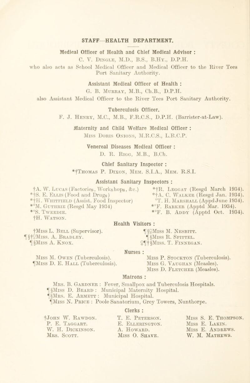 STAFF—HEALTH DEPARTMENT. Medical Officer of Health and Chief Medical Advisor : C. V. Dingle, M.D., B.S., B.Hy., D.P.H. who also acts as School Medical Officer and Medical Officer to the River Tees Port Sanitary Authority. Assistant Medical Officer of Health : G. B. Murray, M.B., Ch.B., D.P.H. also Assistant Medical Officer to the River Tees Port Sanitary Authority. Tuberculosis Officer. F. J. Henry, M.C., M.B., F.R.C.S., D.P.H. (Barrister-at-Law). Maternity and Child Welfare Medical Officer : Miss Doris Onions, M.R.C.S., L.R.C.P. Venereal Diseases Medical Officer : D. R. Rigg, M.B., B.Ch. Chief Sanitary Inspector : *|Thomas P. Dixon, Mem. S.I.A., Mem. R.S.I. Assistant Sanitary Inspectors : fA. W. Lucas (Factories, Workshops, &c.) *|S. E. Ellis (Food and Drugs) *fH. Whitfield (Assist. Food Inspector) *°M. Guthrie (Resgd May 1934) *°S. Tweedie. fH. Watson. *|R. Leggat (Resgd March 1934). *fA. C. Walker (Resgd Jan. 1934). °T. H. Marshall (Appd June 1934). *°F. Barker (Apptd Mar. 1934). *°F. B. Addy (Apptd Oct. 1934). Health Visitors : fMiss L. Bell (Supervisor). §t?Miss. A. Bradley. Tf §Miss A. Knox. ^J§$Miss M. Nesbitt. ^f§Miss R. Spittel. $Tff §Miss. T. Finnegan. Nurses : Miss M. Owen (Tuberculosis). Miss P. Stockton (Tuberculosis). IfMiss D. E. Hall (Tuberculosis). Miss G. Vaughan (Measles). Miss D. Fletcher (Measles). Matrons : Mrs. B. Gardner : Fever, Smallpox and Tuberculosis Hospitals. lj§Miss D. Beard : Municipal Maternity Hospital. 1T§Mrs. E. Armett : Municipal Hospital. IJMiss N. Price : Poole Sanatorium, Grey Towers, Nunthorpe. |John W. Rawdon. P. E. Taggart. W. H. Dickinson. Mrs. Scott. Clerks : T. E. Peterson. E. Ellerington. A. Howard. Miss 0. Shave. Miss S. E. Thompson. Miss E. Lakin. Miss E. Andrews. W. M. Mathews.