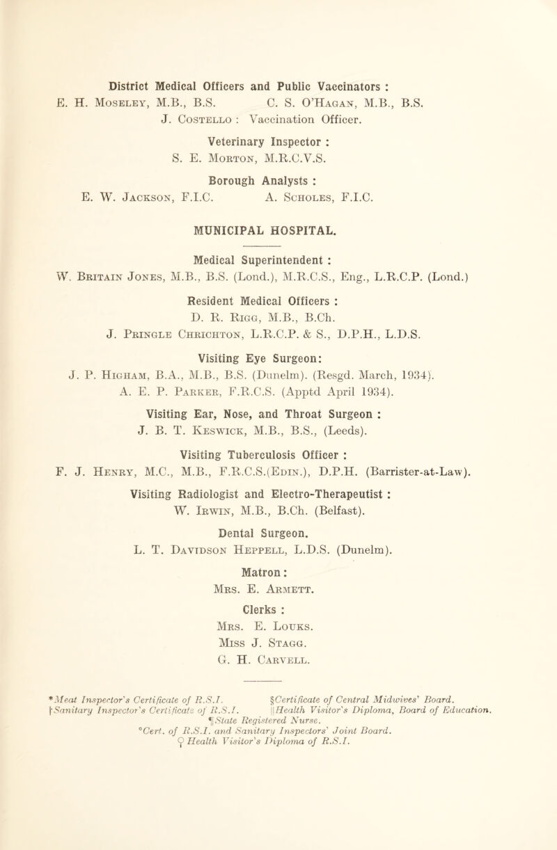 District Medical Officers and Public Vaccinators : E. H. Moseley, M.B., B.S. C. S. O’Hagan, M.B., B.S. J. Costello : Vaccination Officer. Veterinary Inspector : S. E. Morton, M.R.C.V.S. Borough Analysts : E. W. Jackson, F.I.C. A. Scholes, F.I.C. MUNICIPAL HOSPITAL. Medical Superintendent : W, Britain Jones, M.B., B.S. (Lond.), M.R.C.S., Eng., L.R.C.P. (Lond.) Resident Medical Officers : D. R. Rigg, M.B., B.Ch. J. Pringle Chrichton, L.R.C.P. & S., D.P.H., L.D.S. Visiting Eye Surgeon: J. P. Higham, B.A., M.B., B.S. (Dunelm). (Resgd. March, 1934). A. E. P. Parker, F.R.C.S. (Apptd April 1934). Visiting Ear, Nose, and Throat Surgeon : J. B. T. Keswick, M.B., B.S., (Leeds). Visiting Tuberculosis Officer : F. J. Henry, M.C., M.B., F.R.C.S.(Edin.), D.P.H. (Barrister-at-Law). Visiting Radiologist and Electro-Therapeutist : W. Irwin, M.B., B.Ch. (Belfast). Dental Surgeon. L. T. Davidson Heppell, L.D.S. (Dunelm). Matron: Mrs. E. Armett. Clerks : Mrs. E. Louks. Miss J. Stagg. G. H. Carvell. *Meat Inspector's Certificate of R.S.I. §Certificate of Central Midwives' Board. j'Sanitary Inspector's Certificate of R.S.I. \\HeaUh Visitor's Diploma, Board of Education. Slate Registered Nurse. °Cert. of R.S.I. and Sanitary Inspectors' Joint Board, f Health Visitor's Diploma of R.S.I.