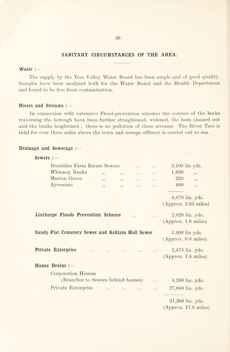 SANITARY CIRCUMSTANCES OF THE AREA. Water :— The supply by the Tees Valley Water Board has been ample and of good quality. Samples have been analysed both for the Water Board and the Health Department and found to be free from contamination. Rivers and Streams :— In connection with extensive Flood-prevention schemes the courses of the becks traversing the borough have been further straightened, widened, the beds cleaned out and the banks heightened ; there is no pollution of these streams. The River Tees is tidal for over three miles above the town and sewage effluent is carried out to sea. Drainage and Sewerage :— Sewers :— Brambles Farm Estate Sewers Whinney Banks ,, Mart on Grove ,, Ayresome ,, 2,100 lin yds. 1,950 220 400 y y y y 4,670 lin. yds. (Approx. 2.65 miles) Linthorpe Floods Prevention Scheme .. .. 2,820 lin. yds. (Approx. 1.6 miles) Sandy Flat Cemetery Sewer and Acklam Hall Sewer 1,400 lin yds. (Approx. 0.8 miles) Private Enterprise House Drains :— Corporation Houses (Branches to Sewers behind houses) Private Enterprise 2,475 lin. yds. (Approx. 1.4 miles) 4,260 lin. yds. 27,040 lin. yds. 31,300 lin. yds. (Approx. 17.8 miles)