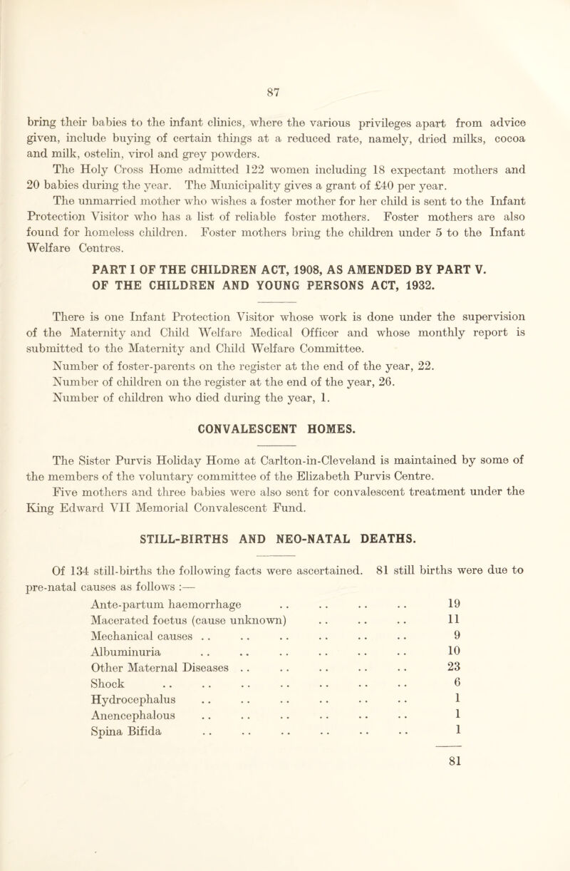 bring their babies to the infant clinics, where the various privileges apart from advice given, include buying of certain things at a reduced rate, namely, dried milks, cocoa and milk, ostelin, virol and grey powders. The Holy Cross Home admitted 122 women including 18 expectant mothers and 20 babies during the year. The Municipality gives a grant of £40 per year. The unmarried mother who wishes a foster mother for her child is sent to the Infant Protection Visitor who has a list of reliable foster mothers. Foster mothers are also found for homeless children. Foster mothers bring the children under 5 to the Infant Welfare Centres. PART I OF THE CHILDREN ACT, 1908, AS AMENDED BY PART V. OF THE CHILDREN AND YOUNG PERSONS ACT, 1932. There is one Infant Protection Visitor whose work is done under the supervision of the Maternity and Child Welfare Medical Officer and whose monthly report is submitted to the Maternity and Child Welfare Committee. Number of foster-parents on the register at the end of the year, 22. Number of children on the register at the end of the year, 26. Number of children who died during the year, 1. CONVALESCENT HOMES. The Sister Purvis Holiday Home at Carlton-in-Cleveland is maintained by some of the members of the voluntary committee of the Elizabeth Purvis Centre. Five mothers and three babies were also sent for convalescent treatment under the King Edward VII Memorial Convalescent Fund. STILL-BIRTHS AND NEO-NATAL DEATHS. Of 134 still-births the following facts were ascertained. 81 still births were due to pre-natal causes as follows :— Ante-partum haemorrhage . . . . . . . . 19 Macerated foetus (cause unknown) .. .. .. 11 Mechanical causes .. .. .. . . .. .. 9 Albuminuria . . .. . . . . . . . . 10 Other Maternal Diseases .. .. .. .. .. 23 Shock .. .. .. .. .. . • . • 6 Hydrocephalus .. .. .. .. .. . • 1 Anencephalous .. .. .. . . .. .. 1 Spina Bifida .. .. .. .. •. -. 1 81