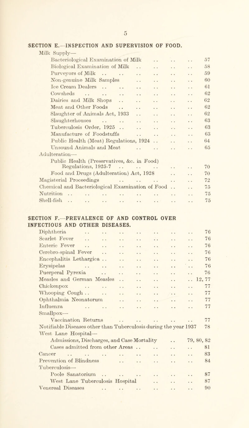 SECTION E.—INSPECTION AND SUPERVISION OF FOOD. Milk Supply— Bacteriological Examination of Milk . . . . . . 57 Biological Examination of Milk . . . . . . . . 58 Purveyors of Milk . . . . . . . . . . . . 59 Non-genuine Milk Samples . . . . . . . . 60 Ice Cream Dealers . . . . .. . . . . . . 61 Cowsheds . . .. . . . . . . . . . . 62 Dairies and Milk Shops . . . . . . . . . . 62 Meat and Other Foods .. . . . . . . . . 62 Slaughter of Animals Act, 1933 . . . . . . . . 62 Slaughterhouses . . .. . . . . . . . . 63 Tuberculosis Order, 1925 . . . . . . . . . . 63 Manufacture of Foodstuffs . . . . . . . . 63 Public Health (Meat) Regulations, 1924 . . . . . . 64 Unsound Animals and Meat . . . . . . . . 65 Adulteration- Public Health (Preservatives, &c. in Food) Regulations, 1925-7 . . . . . . . . . . 70 Food and Drugs (Adulteration) Act, 1928 . . . . 70 Magisterial Proceedings . . . . . . . . . . 72 Chemical and Bacteriological Examination of Food . . . . 75 Nutrition . . . . . . .. . . . . . . . . 75 Shell-fish . . . . . . . . . . . . . . . . 75 SECTION F.—PREVALENCE OF AND CONTROL OVER INFECTIOUS AND OTHER DISEASES. Diphtheria . . . . . . . . . . . . . . 76 Scarlet Fever . . . . . . . . . . . . . . 76 Enteric Fever . . . . . . . . . . . . . . 76 Cerebro-spinal Fever . . . . . . . . . . . . 76 Encephalitis Lethargica . . . . . . . . . . . . 76 Erysipelas . . . . . . . . . . . . . . 76 Puerperal Pyrexia . . . . . . . . . . . . 76 Measles and German Measles .. .. .. .. ..12, 77 Chickenpox . . . . . . . . . . . . . . 77 Whooping Cough . . . . . . . . . . . . . . 77 Ophthalmia Neonatorum . . . . . . . . . . 77 Influenza . . . . . . . . .. . . . . 77 Smallpox— Vaccination Returns . . . . . . . . . . 77 Notifiable Diseases other than Tuberculosis during the year 1937 78 West Lane Hospital— Admissions, Discharges, and Case Mortality .. 79, 80, 82 Cases admitted from other Areas . . . . . . . . 81 Cancer . . . . . . . . . . . . . . . . 83 Prevention of Blindness . . . . . . . . . . 84 Tuberculosis— Poole Sanatorium . . . . . . . . . . . . 87 West Lane Tuberculosis Hospital . . . . . . 87 Venereal Diseases . . . . . . . . . . . . 90