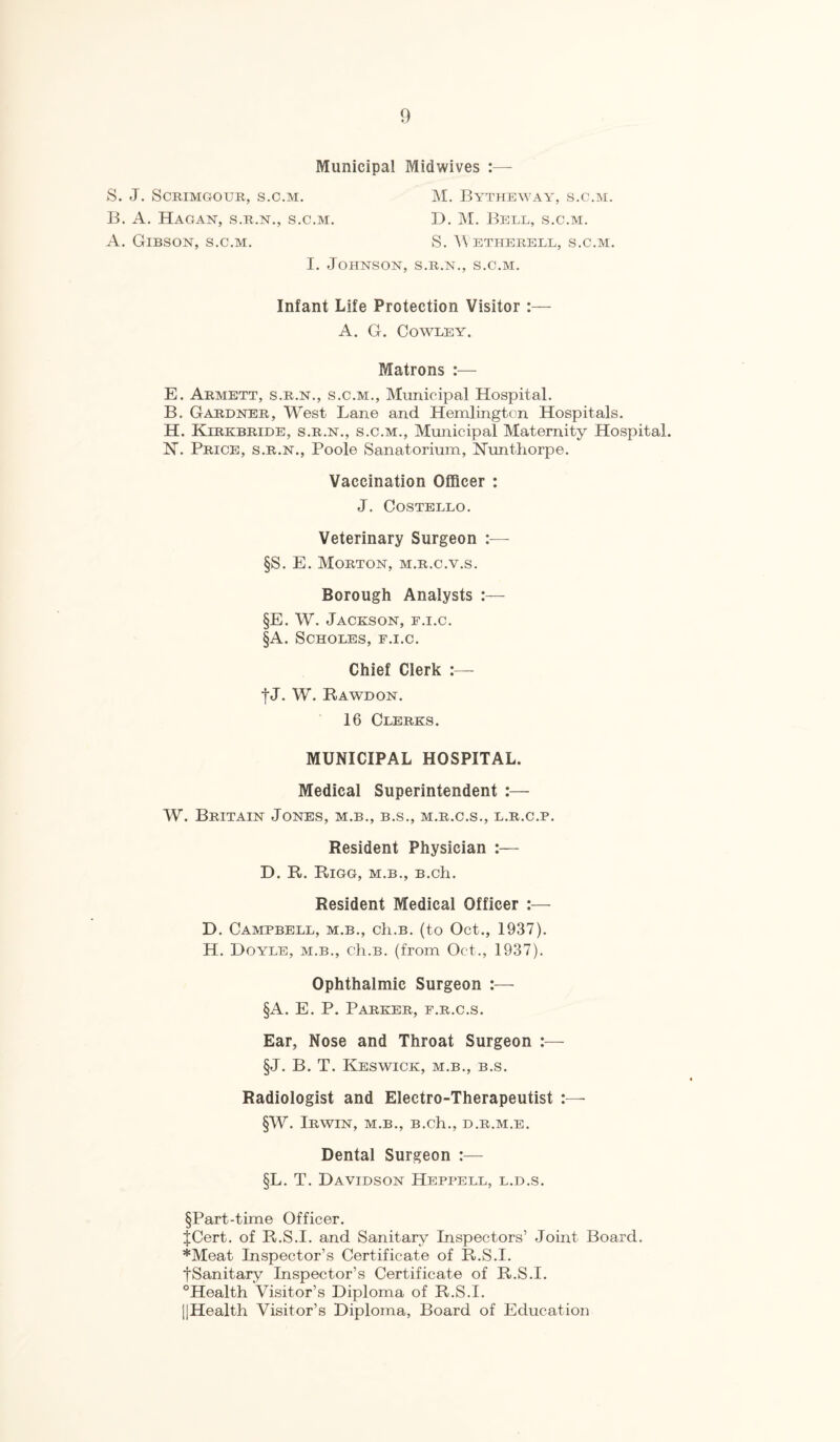 Municipal Midwives :— S. J. SCRIMGOUR, S.C.M. M. BYTHEWAY, S.C.M. B. A. Hagan, s.r.n., s.c.m. D. M. Bell, s.c.m. A. Gibson, s.c.m. S. Wetherell, s.c.m. I. Johnson, s.r.n., s.c.m. Infant Life Protection Visitor :— A. G. Cowley. Matrons :— E. Armett, s.r.n., s.c.m., Municipal Hospital. B. Gardner, West Lane and Hemlington Hospitals. H. Klrkbride, s.r.n., s.c.m., Municipal Maternity Hospital. N. Price, s.r.n., Poole Sanatorium, Nunthorpe. Vaccination Officer : J. Costello. Veterinary Surgeon :— §S. E. Morton, m.r.c.v.s. Borough Analysts :— §E. W. Jackson, f.i.c. §A. Scholes, E.I.C. Chief Clerk f J. W. Rawdon. 16 Clerks. MUNICIPAL HOSPITAL. Medical Superintendent :— W. Britain Jones, m.b., b.s., m.r.c.s., l.r.c.p. Resident Physician :— D. R. Rigg, M.B., B.ch. Resident Medical Officer :— D. Campbell, m.b., ch.B. (to Oct., 1937). H. Doyle, m.b., ch.B. (from Oct., 1937). Ophthalmic Surgeon :— §A. E. P. Parker, f.r.c.s. Ear, Nose and Throat Surgeon :— §J. B. T. Keswick, m.b., b.s. Radiologist and Electro-Therapeutist :— §W. Irwin, m.b., B.ch., d.r.m.e. Dental Surgeon :— §L. T. Davidson Heppell, l.d.s. §Part-time Officer. fCert. of R.S.I. and Sanitary Inspectors’ Joint Board. *Meat Inspector’s Certificate of R.S.I. fSanitary Inspector’s Certificate of R.S.I. °Health Visitor’s Diploma of R.S.I. [jHealth Visitor’s Diploma, Board of Education