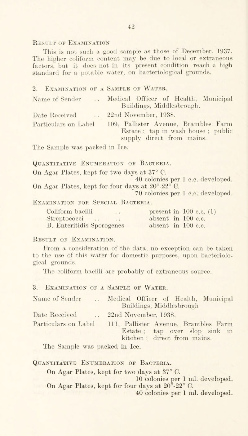 Result of P]xa.mination This is not such a good sample as those of December, 1937. T1 le higher coliform content may be due to local or extraneous factors, but it does not in its present condition reach a high standard for a potable water, on bacteriological grounds, 2. Examination of a Sample of Water. Name of Sender . . Medical Officer of Health, Municipal Buildings, Middlesbrough. Date Received . . 22nd November, 1938. Particulars on Label K)9, Pallister Avenue, Brambles Farm Estate ; tap in wash house ; public supply direct from mains. The Sample was packed in Ice. Quantitative Enumeration of Bacteria. On Agar Plates, kept for tvm days at 37° C. 40 colonies per 1 c.c. developed. On Agar Plates, kept for four days at 20°-22° C. 70 colonies per 1 c.c. developed. Examination for Special Bacteria. Coliform bacilli . . present in 100 c.c. (1) Streptococci . . . . absent in 100 c.c. B. Enteritidis Sporogenes absent in 100 c.c. Result of Examination. From a consideration of the data, no exception can be taken to the use of this \vater for domestic purposes, upon bacteriolo- oical grounds. The coliform bacilli are probably of extraneous source. 3. Examination of a Sample of Water. Name of Sender . . Medical Officer of Health, Municipal Buildings, Middlesbrough Date Received . . 22nd November, 1938. Particulars on Label 111, Pallister Avenue, Brambles Farm Estate ; tap over slop sink in kitchen ; direct from mains. The Sample was packed in Ice. Quantitative Enumeration of Bacteria. On Agar Plates, kept for two days at 37° C. 10 colonies per 1 ml. developed. On Agar Plates, kept for four days at 20°-22° C. 40 colonies per 1 ml. developed.