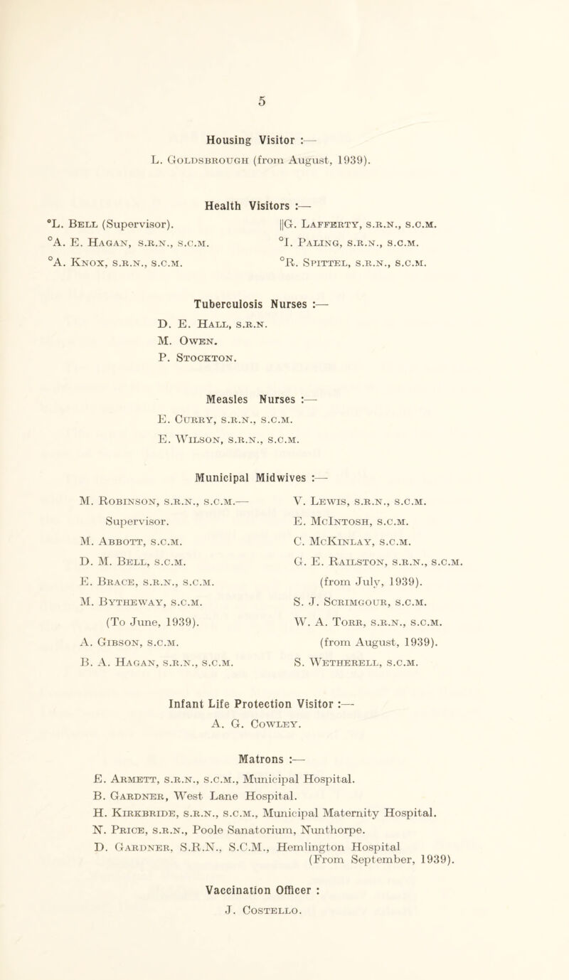 Housing Visitor :— L. Goldsbrough (from August, 1939). Health °L. Bell (Supervisor). °A. E. Hagan, s.r.n., s.c.m. °A. Knox, s.r.n., s.c.m. Visitors :— ||G. Lafferty, s.r.n., s.c.m. °I. Paling, s.r.n., s.c.m. °R. Spittel, s.r.n., s.c.m. Tuberculosis Nurses :— D. E. Hall, s.r.n. M. Owen. P. Stockton. Measles Nurses :— E. Curry, s.r.n., s.c.m. E. Wilson, s.r.n., s.c.m. Municipal M. Robinson, s.r.n., s.c.m.— Supervisor. M. Abbott, s.c.m. D. M. Bell, s.c.m. E. Brace, s.r.n., s.c.m. M. Bytheway, s.c.m. (To June, 1939). A. Gibson, s.c.m. B. A. Hagan, s.r.n., s.c.m. Midwives :— V. Lewis, s.r.n., s.c.m. E. McIntosh, s.c.m. C. McKinlay, s.c.m. G. E. Railston, s.r.n., s.c.m. (from July, 1939). S. J. Scrimgour, s.c.m. W. A. Torr, s.r.n., s.c.m. (from August, 1939). S. Wetherell, s.c.m. Infant Life Protection Visitor :— A. G. Cowley. Matrons :— E. Armett, s.r.n., s.c.m., Municipal Hospital. B. Gardner, West Lane Hospital. H. Kirkbride, s.r.n., s.c.m., Municipal Maternity Hospital. N. Price, s.r.n., Poole Sanatorium, Nunthorpe. D. Gardner, S.R.N., S.C.M., Hemlington Hospital (From September, 1939). Vaccination Officer : J. Costello.