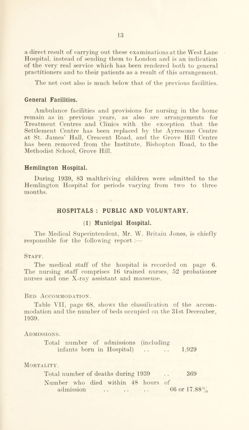 a direct result of carrying out these examinations at the West Lane Hospital, instead of sending them to London and is an indication of the very real service which has been rendered both to general practitioners and to their patients as a result of this arrangement. The net cost also is much below that of the previous facilities. General Facilities. Ambulance facilities and provisions for nursing in the home remain as in previous years, as also are arrangements for Treatment Centres and Clinics with the exception that the Settlement Centre has been replaced by the Ayresome Centre at St. James’ Hall, Crescent Road, and the Grove Hill Centre has been removed from the Institute, Bishopton Road, to the Methodist School, Grove Hill. Hemlington Hospital. During 1939, 83 malthriving children were admitted to the Hemlington Hospital for periods varying from two to three months. HOSPITALS : PUBLIC AND VOLUNTARY. (1) Municipal Hospital. The Medical Superintendent, Mr. W. Britain Jones, is chiefly responsible for the following report :— Staff. The medical staff of the hospital is recorded on page 6. The nursing staff comprises 16 trained nurses, 52 probationer nurses and one X-ray assistant and masseuse. Bed Accommodation. Table VII, page 68, shows the classification of the accom¬ modation and the number of beds occupied on the 31st December, 1939. x4dmissions. Total number of admissions (including infants born in Hospital) 1,929 Mortality. Total number of deaths during 1939 Number who died within 48 hours of 369 admission 66 or 17.88%