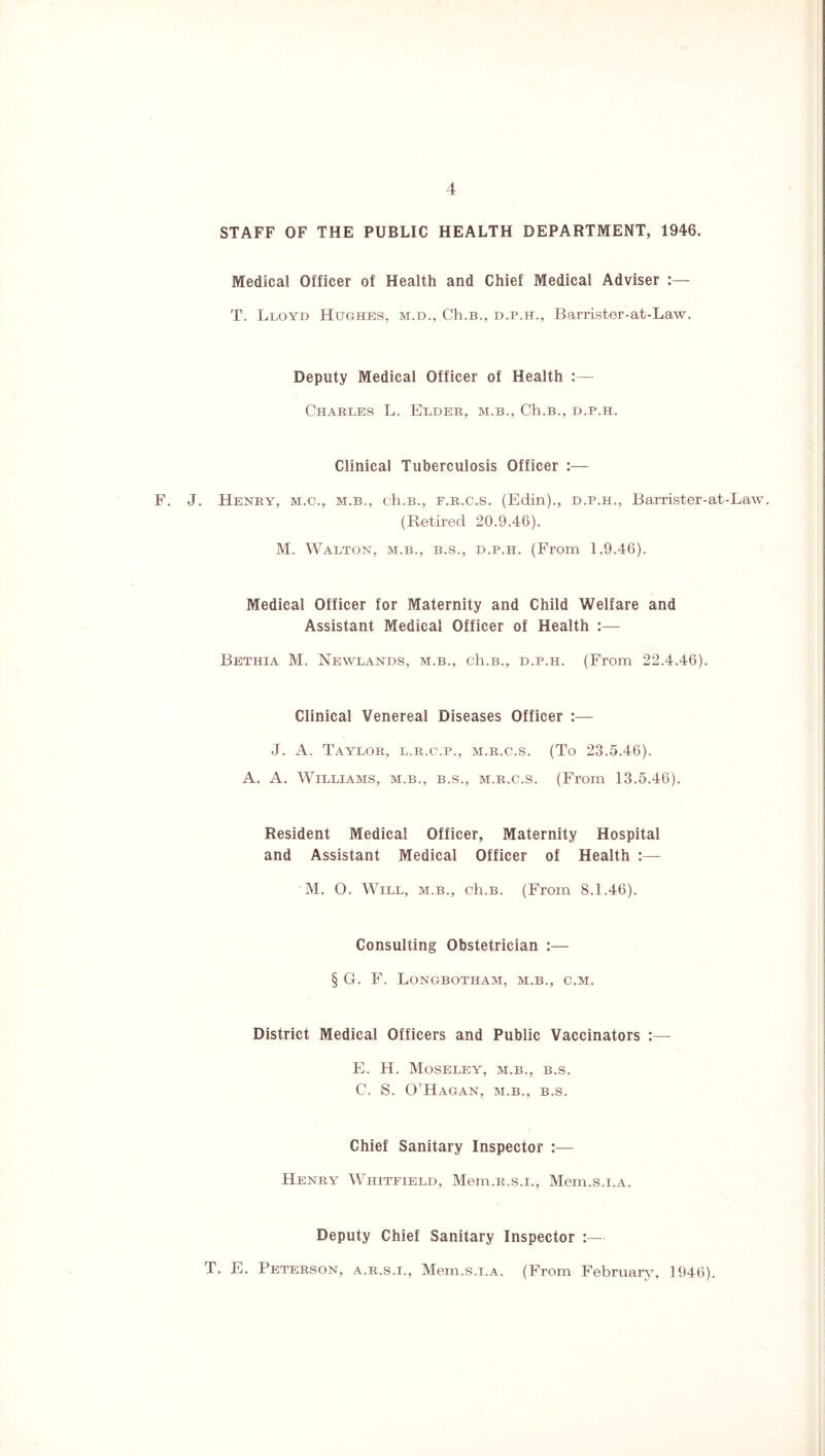 STAFF OF THE PUBLIC HEALTH DEPARTMENT, 1946. Medical Officer of Health and Chief Medical Adviser :— T. Lloyd Hughes, m.d., Ch.B., d.p.h., Barrister-at-Law. Deputy Medical Officer of Health Charles L. Elder, m.b., Ch.B., d.p.h. Clinical Tuberculosis Officer :— F. J. Henry, m.c., m.b., ch.B., f.r.c.s. (Edin)., d.p.h., Barrister-at-Law. (Retired 20.9.46). M. Walton, m.b., b.s., d.p.h. (From 1.9.46). Medical Officer for Maternity and Child Welfare and Assistant Medical Officer of Health :— Bethia M. Newlands, m.b., ch.B., d.p.h. (From 22.4.46). Clinical Venereal Diseases Officer :— J. A. Taylor, l.r.c.p., m.r.c.s. (To 23.5.46). A. A. Williams, m.b., b.s., m.r.c.s. (From 13.5.46). Resident Medical Officer, Maternity Hospital and Assistant Medical Officer of Health M. O. Will, m.b., ch.B. (From 8.1.46). Consulting Obstetrician :— § G. F. Longbotham, m.b., c.m. District Medical Officers and Public Vaccinators :— E. H. Moseley, m.b., b.s. C. S. O’Hagan, m.b., b.s. Chief Sanitary Inspector :— Henry Whitfield, Mem.R.s.i., Mem.s.i.A. Deputy Chief Sanitary Inspector :— T. E. Peterson, a.r.s.i., Mem.s.i.A. (From February, 1946).