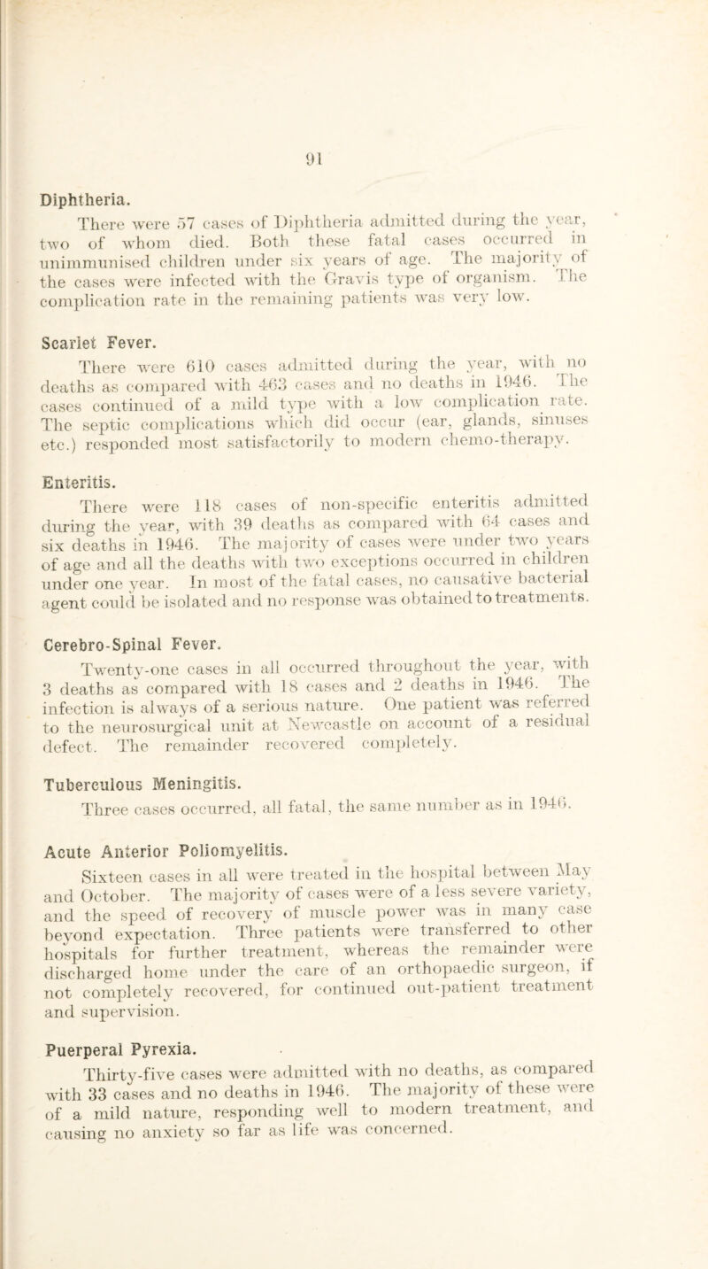 Diphtheria. There were 57 cases of Diphtheria admitted during the year, two of whom died. Doth these fatal cases occurred in unimmunised children under six years ot age. Xhe majority of the cases were infected with the Gravis type ot organism. > he complication rate in the remaining patients was very low. Scarlet Fever. There were 610 cases admitted dmring the year, with no deaths as compared with 463 cases and no deaths in i946. i lie- cases continued of a mild type with a low complication rate. The septic complications which did occur (ear, glands, sinuses etc.) responded most satisfactorily to modern chemo-therapy. Enteritis. There v^ere 118 cases of non-specific enteritis admitted during the year, with 39 deaths as compared with 64 cases and six deaths in 1946. The majority of cases were under two years of age and all the deaths with two exceptions occurred in children under one year. In most of the fatal cases, no causati\ e bacteiial agent could be isolated and no response vras obtained to treatments. Cerebro-Spinal Fever. Twenty-one cases in all occurred throughout the year, with 3 deaths as compared with 18 cases and 2 deaths in 1946. The infection is always of a serious nature. One patient was referred to the neurosurgical unit at Newcastle on account ol a resinuai defect. The remainder recovered completely. Tuberculous Meningitis. Three cases occurred, all fatal, the same number as in 1946. Acute Anterior Poliomyelitis. Sixteen cases in all were treated in the hospital between May and October. The majority of cases ivere of a less severe variety, and the speed of recovery of muscle power was in many case beyond expectation. Three patients wrere transferred to other hospitals for further treatment, whereas the remainder w^ere discharged home under the care of an orthopaedic surgeon, if not completely recovered, for continued out-patient treatment and supervision. Puerperal Pyrexia. Thirty-five cases were admitted with no deaths, as compared with 33 cases and no deaths in 1946. The majority of these were of a mild nature, responding ivell to modern treatment, and causing no anxiety so far as life was concerned.