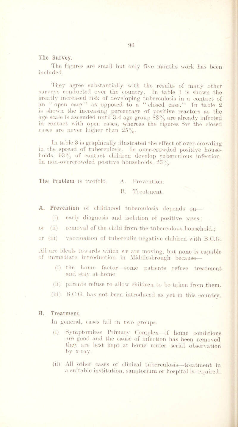 The Survey. The figures are small but only five months work has been included. They agree substantially with the results of many other surveys conducted over the country. In table 1 is shown the greatly increased risk of developing tuberculosis in a contact of an “ open case ” as opposed to a “ closed case.” In table 2 is shown the increasing percentage of positive reactors as the age scale is ascended until 3-4 age group 83% are already infected in contact with open cases, whereas the figures for the closed cases are never higher than 25%. In table 3 is graphically illustrated the effect of over-crowding in the spread of tuberculosis. In over-crowded positive house¬ holds, 93% of contact children develop tuberculous infection. In non-overcrowded positive households, 25%. The Problem is twofold. A. Prevention. B. T reatment. A. Prevention of childhood tuberculosis depends on-— (i) early diagnosis and isolation of positive cases ; or (ii) removal of the child from the tuberculous household.; or (iii) vaccination of tuberculin negative children with B.C.G. All are ideals towards which we are moving, but none is capable of immediate introduction in Middlesbrough because— (i) the home factor—some patients refuse treatment and stay at home. (ii) parents refuse to allow children to be taken from them. (iii) B.C.G. has not been introduced as yet in this country. B. Treatment. In general, cases fall in two groups. (i) Symptomless Primary Complex—if home conditions are good and the cause of infection has been removed they are best kept at home under serial observation by x-ray. (ii) All other cases of clinical tuberculosis—treatment in a suitable institution, sanatorium or hospital is required.