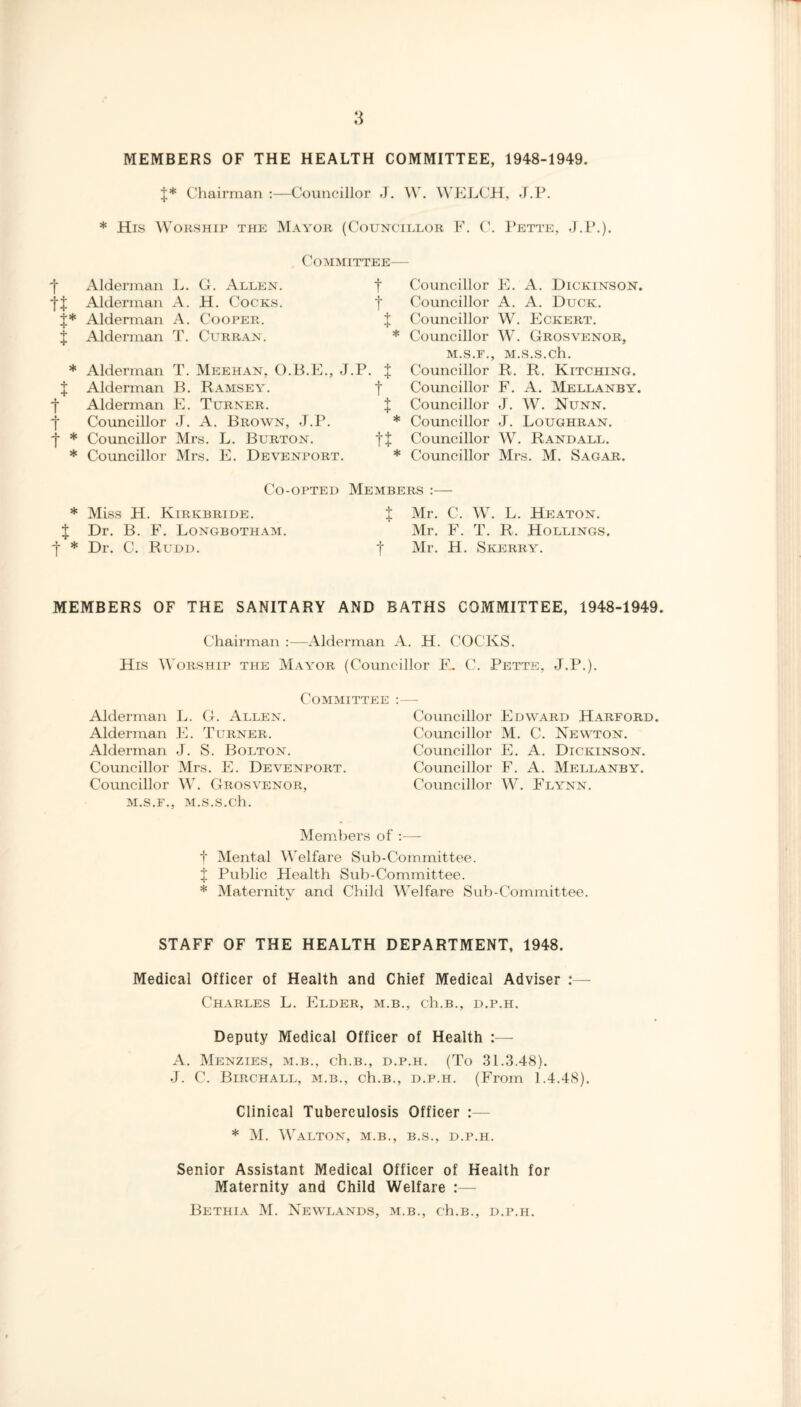 t ft t* t t t t t * MEMBERS OF THE HEALTH COMMITTEE, 1948-1949. Chairman :—Councillor J. W. WELCH, J.P. * His Worship the Mayor (Councillor F. C. Pette, J.P.). Committee— Alderman L. G. Allen. Alderman A. H. Cocks. Alderman A. Cooper. Alderman T. Curran. Alderman T. Meehan, O.B.E., J. Alderman B. Ramsey. Alderman E. Turner. Councillor J. A. Brown, J.P. Councillor Mrs. L. Burton. Councillor Mrs. E. Devenport. Co-opted Miss H. Kirkbride. Dr. B. F. Longbotham. Dr. C. Rudd. t Councillor E. A. Dickinson. f Councillor A. A. Duck. X Councillor W. Eckert. * Councillor W. Grosvenor, M.S.F., M.S.S.Ch. . J Councillor R. R. Hitching. f Councillor F. A. Mellanby. X Councillor J. W. Nunn. * Councillor J. Loughran. tf Councillor W. Randall. * Councillor Mrs. M. Sagar. Members :— J Mr. C. W. L. Heaton. Mr. F. T. R. Hollings. f Mr. H. Skerry. MEMBERS OF THE SANITARY AND BATHS COMMITTEE, 1948-1949. Chairman :—Alderman A. H. COCKS. His Worship the Mayor (Councillor F. C. Pette, J.P.). Committee :— Alderman L. G. Allen. Alderman E. Turner. Alderman J. S. Bolton. Councillor Mrs. E. Devenport. Councillor W. Grosvenor, M.S.F., M.S.S.Ch. Councillor Edward Harford Councillor M. C. Newton. Councillor E. A. Dickinson. Councillor F. A. Mellanby. Councillor W. Flynn. Members of :— t Mental Welfare Sub-Committee. X Public Health Sub-Committee. * Maternity and Child Welfare Sub-Committee. STAFF OF THE HEALTH DEPARTMENT, 1948. Medical Officer of Health and Chief Medical Adviser :— Charles L. Elder, m.b., ch.B., d.p.h. Deputy Medical Officer of Health :— A. Menzies, m.b., ch.B., d.p.h. (To 31.3.48). J. C. Birchall, m.b., ch.B., d.p.h. (From 1.4.48). Clinical Tuberculosis Officer * M. Walton, m.b., b.s., d.p.h. Senior Assistant Medical Officer of Health for Maternity and Child Welfare :—