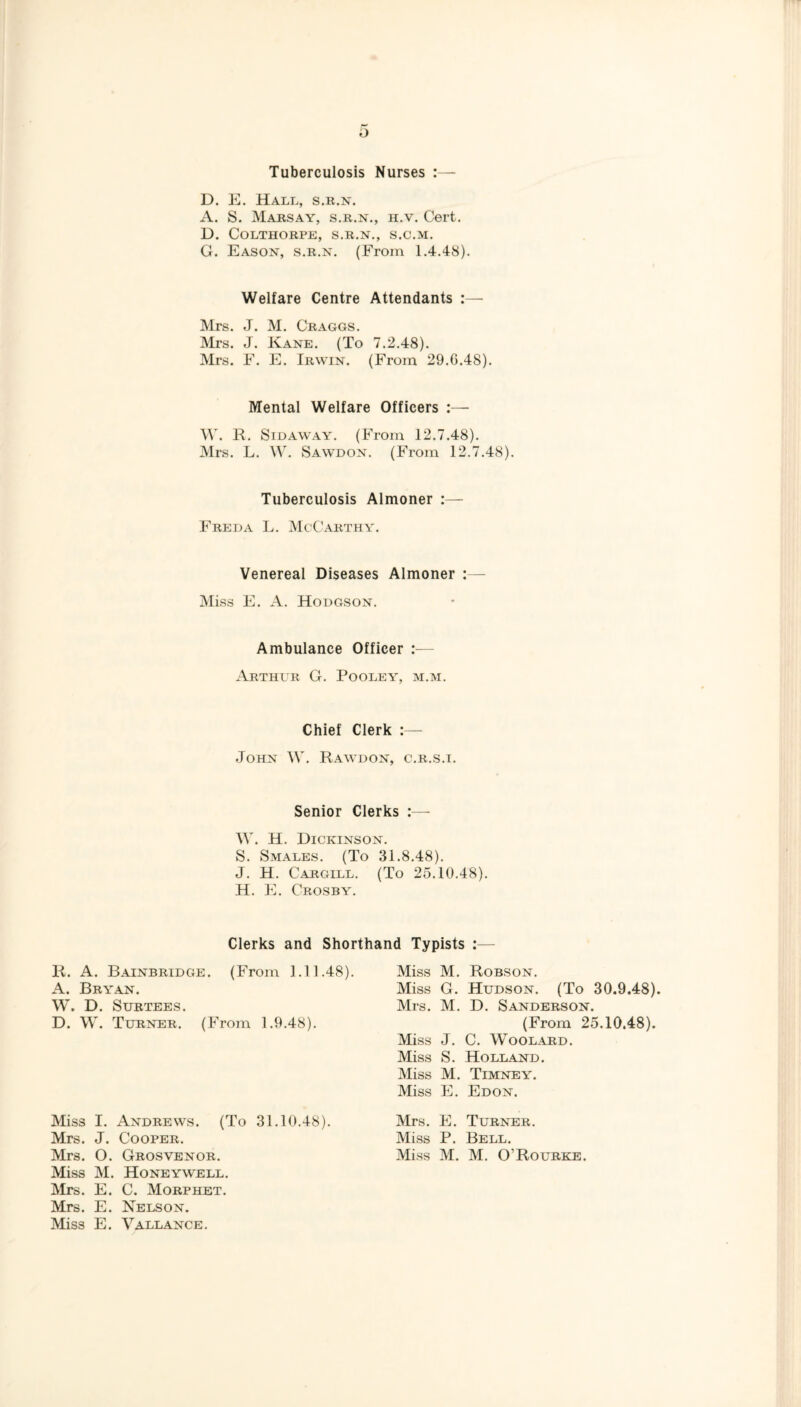 Tuberculosis Nurses :— D. E. Hall, s.r.n. A. S. Marsay, s.r.n., h.v. Cert. D. COLTHORPE, S.R.N., S.C.M. G. Eason, s.r.n. (From 1.4.48). Welfare Centre Attendants :— Mrs. J. M. Craggs. Mrs. J. Kane. (To 7.2.48). Mrs. F. E. Irwin. (From 29.0.48). Mental Welfare Officers :— W. R. Sidaway. (From 12.7.48). Mrs. L. W. Sawdon. (From 12.7.48). Tuberculosis Almoner Freda L. McCarthy. Venereal Diseases Almoner Miss E. A. Hodgson. Ambulance Officer Arthur G. Pooley, m.m. Chief Clerk :— John W. Rawdon, c.r.s.i. Senior Clerks :— W. H. Dickinson. S. Smales. (To 31.8.48). J. H. Cargill. (To 25.10.48). H. E. Crosby. R. A. Bainbridge. A. Bryan. W. D. Surtees. D. W. Turner. (From 1.9.48). Miss I. Andrews. (To 31.10.48). Mrs. J. Cooper. Mrs. O. Grosvenor. Miss M. Honeywell. Mrs. E. C. Morphet. Mrs. E. Nelson. Miss E. Vallance. Miss M. Robson. Miss G. Hudson. (To 30.9.48). Mrs. M. D. Sanderson. (From 25.10.48). Miss J. C. Woolard. Miss S. Holland. Miss M. Timney. Miss E. Edon. Mrs. E. Turner. Miss P. Bell. Miss M. M. O’Rourke. Clerks and Shorthand Typists : (From 1.11.48).