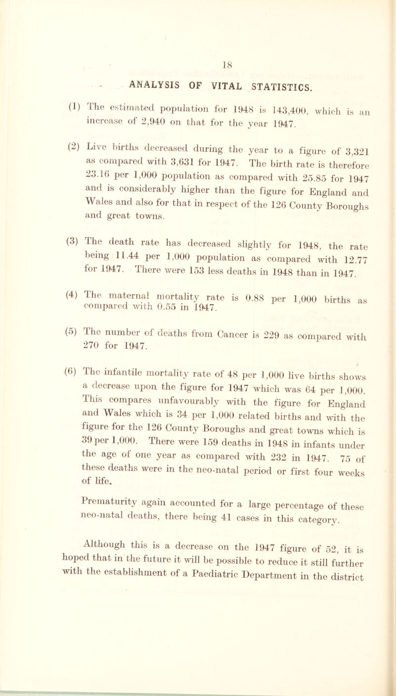 ANALYSIS OF VITAL STATISTICS. (1) The estimated population for 1948 is 143,400, which is an increase of 2,940 on that for the year 1947. (2) Live births decreased during the year to a figure of 3.321 as compared with 3,631 for 1947. The birth rate is therefore 2o.16 per 1,000 population as compared with 25.85 for 1947 and is considerably higher than the figure for England and Wales and also for that in respect of the 126 County Boroughs and great towns. (3) The death rate has decreased slightly for 1948. the rate being 11.44 per 1,000 population as compared with 12.77 for 1947. There were 153 less deaths in 1948 than in 1947. (4) The maternal mortality rate is 0.88 per 1,000 births as compared with 0.55 in 1947. (5) The number of deaths from Cancer is 229 as compared with 270 for 1947. (6) The infantile mortality rate of 48 per 1,000 live births shows a decrease upon the figure for 1947 which was 64 per 1,000. This compares unfavourably with the figure for England and Wales which is 34 per 1,000 related births and with the figure for the 126 County Boroughs and great towns which is 39 per 1,000. There were 159 deaths in 1948 in infants under the age of one year as compared with 232 in 1947. 75 of these deaths were in the neo-natal period or first four weeks of life. Prematurity again accounted for a large percentage of these neo-natal deaths, there being 41 cases in this category. Although this is a decrease on the 1947 figure of 52, it is hoped that in the future it will be possible to reduce it still further with the establishment of a Paediatric Department in the district