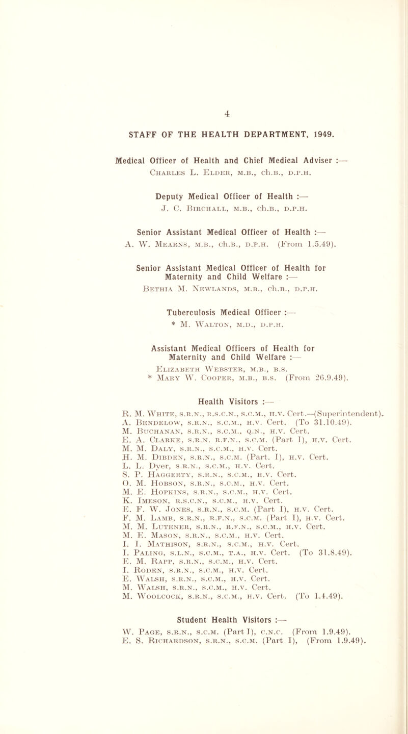 STAFF OF THE HEALTH DEPARTMENT, 1949. Medical Officer of Health and Chief Medical Adviser :— Charles L. Elder, m.b., cIlb., d.b.h. Deputy Medical Officer of Health :— J. C. BlRCHALL, M.B., Ch.B., D.P.H. Senior Assistant Medical Officer of Health :— A. W. Mearns, m.b., ch.B., d.p.h. (From 1.5.49). Senior Assistant Medical Officer of Health for Maternity and Child Welfare :— Bethia M. Newlands, m.b., ch.B., d.p.h. Tuberculosis Medical Officer :— * M. Walton, m.d., d.p.h. Assistant Medical Officers of Health for Maternity and Child Welfare :— Elizabeth Webster, m.b., b.s. * Mary W. Cooper, m.b., b.s. (From 26.9.49). Health Visitors :— R. M. White, s.r.n., b.s.c.n., s.c.m., h.v. Cert.—(Superintendent). A. Bendelow, s.r.n., s.c.m., h.v. Cert. (To 31.10.49). M. Buchanan, s.r.n., s.c.m., q.n., h.v. Cert. E. A. Clarke, s.r.n. r.f.n., s.c.m. (Part I), h.v. Cert. M. M. Daly, s.r.n., s.c.m., h.v. Cert. H. M. Dibden, s.r.n., s.c.m. (Part. I), h.v. Cert. L. L. Dyer, s.r.n., s.c.m., h.v. Cert. S. P. Haggerty, s.r.n., s.c.m., h.v. Cert. O. M. Hobson, s.r.n., s.c.m., h.v. Cert. M. E. Hopkins, s.r.n., s.c.m., h.v. Cert. K. Imeson, r.s.c.n., s.c.m., h.v. Cert. E. F. W. Jones, s.r.n., s.c.m. (Part I), h.v. Cert. F. M. Lamb, s.r.n., r.f.n., s.c.m. (Part I), h.v. Cert. M. M. Lutener, s.r.n., r.f.n., s.c.m., h.v. Cert. M. E. Mason, s.r.n., s.c.m., h.v. Cert. I. I. Mathison, s.r.n., s.c.m., h.v. Cert. I. Paling, s.l.n., s.c.m., t.a., h.v. Cert. (To 31.8.49). E. M. Rapp, s.r.n., s.c.m., h.v. Cert. I. Roden, s.r.n., s.c.m., h.v. Cert. E. Walsh, s.r.n., s.c.m., h.v. Cert. M. Walsh, s.r.n., s.c.m., h.v. Cert. M. Woolcock, s.r.n., s.c.m., h.v. Cert. (To 1.4.49). Student Health Visitors W. Page, s.r.n., s.c.m. (Parti), c.n.c. (From 1.9.49). E. S. Richardson, s.r.n., s.c.m. (Part I), (From 1.9.49).