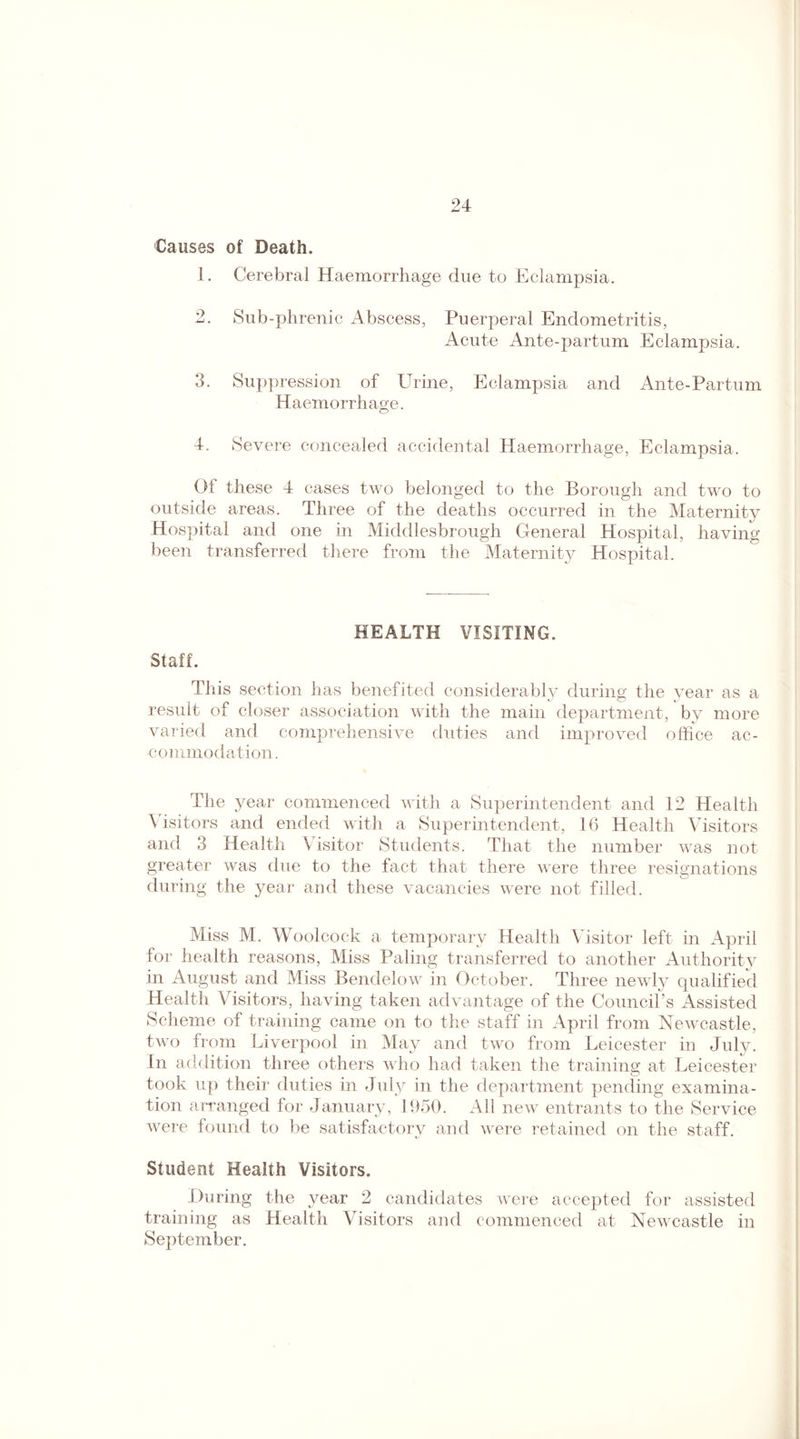 Causes of Death. 1. Cerebral Haemorrhage due to Eclampsia. 2. Sub-phrenic Abscess, Puerperal Endometritis, Acute Ante-partum Eclampsia. 3. Suppression of Urine, Eclampsia and Ante-Partum Haemorrhage. 4. Severe concealed accidental Haemorrhage, Eclampsia. Of these 4 cases two belonged to the Borough and two to outside areas. Three of the deaths occurred in the Maternity Hospital and one in Middlesbrough General Hospital, having been transferred there from the Maternity Hospital. Staff. HEALTH VISITING. This section has benefited considerably during the year as a result of closer association with the main department, by more varied and comprehensive duties and improved office ac¬ commodation. The year commenced with a Superintendent and 12 Health Visitors and ended with a Superintendent, 16 Health Visitors and 3 Health Visitor Students. That the number was not greater was due to the fact that there were three resignations during the year and these vacancies were not filled. Miss M. Woolcoc-k a temporary Health Visitor left in April for health reasons, Miss Paling transferred to another Authority in August and Miss Bendelow in October. Three newly qualified Health Visitors, having taken advantage of the Council’s Assisted Scheme of training came on to the staff in April from Newcastle, two from Liverpool in May and two from Leicester in July. In addition three others who had taken the training at Leicester took up their duties in July in the department pending examina¬ tion arranged for January, 1950. All new entrants to the Service were found to be satisfactory and were retained on the staff. Student Health Visitors. During the year 2 candidates were accepted for assisted training as Health Visitors and commenced at Newcastle in September.