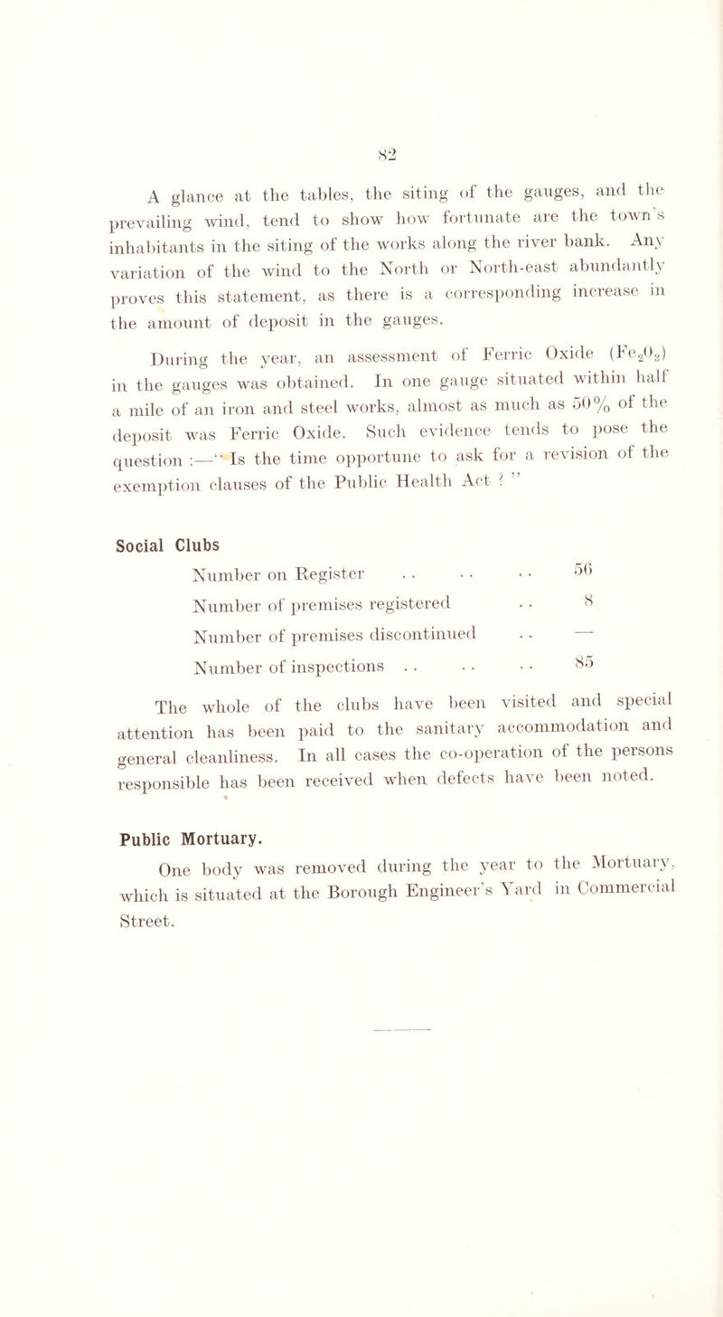 A glance at the tables, the siting of the gauges, and the prevailing wind, tend to show how fortunate are the towns inhabitants in the siting of the works along the river bank. Any variation of the wind to the North or North-east abundantly proves this statement, as there is a corresponding increase m the amount of deposit in the gauges. During the year, an assessment of Ferric Oxide (Fe203) in the gauges was obtained. In one gauge situated within halt a mile of an iron and steel works, almost as much as o0% of tin deposit was Ferric Oxide. Such evidence tends to pose the question :—“ Is the time opportune to ask for a revision of the exemption clauses of the Public Health Act ? Social Clubs Number on Register . . . . • • 56 Number of premises registered . • S Number of premises discontinued Number of inspections . . . . • • 85 The whole of the clubs have been visited and special attention has been paid to the sanitary accommodation and general cleanliness. In all cases the co-operation of the persons responsible has been received when defects have been noted. Public Mortuary. One body was removed during the year to the Mortuary, which is situated at the Borough Engineer’s Yard in Commercial Street.