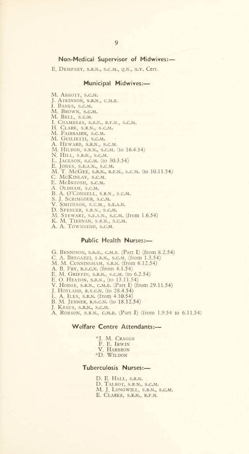 Non-Medical Supervisor of Midwives:— E. Dempsey, s.r.n., s.c.m., q.n., h.v. Cert. Municipal Midwives:— M. Abbott, s.c.m. J. Atkinson, s.r.n., c.m.b. 1. Banes, s.c.m. M. Brown, s.c.m. M. Bell, s.c.m. I. Chambers, s.r.n., r.f.n., s.c.m. H. Clark, s.r.n., s.c.m. M. Fairbairn, s.c.m. M. Guilietti, s.c.m. A. Heward, s.r.n., s.c.m. M. Hildon, s.r.n., s.c.m. (to 16.4.54) N. Hill, s.r.n., s.c.m. L. Jackson, s.c.m. (to 30.3.54) E. Jones, s.e.a.n., s.c.m. M. T. McGee, s.r.n., r.f.n., s.c.m. (to 10.11.54) C. McKinlay, s.c.m. E. McIntosh, s.c.m. A. Oldham, s.c.m. B. A. O’Connell, s.r.n., s.c.m. S. J. SCRIMGOUR, S.C.M. V. Smithson, s.c.m., s.e.a.n. D. Spencer, s.r.n., s.c.m. M. Stewart, s.e.a.n., s.c.m. (from 1.6.54) K. M. Tiernan, s.r.n., s.c.m. A. A. Townsend, s.c.m. Public Health Nurses:— G. Bennison, s.r.n., c.m.b. (Part I) (from 8.2.54) C. A. Bregazzi, s.r.n., s.c.m. (from 1.3.54) M. M. Cunningham, s.r.n. (from 6.12.54) A. B. Fry, r.s.c.n. (from 4.1.54) E. M. Griffin, s.r.n., s.c.m. (to 6.2.54) E. O. Heaton, s.r.n., (to 13.11.54) V. Hodge, s.r.n., c.m.b. (Part I) (from 29.11.54) J. Hoyland, r.s.c.n. (to 28.4.54) L. A. Iles, s.r.n. (from 4.10.54) B. M. Jenner, r.s.c.n. (to 18.12.54) J. Kraus, s.r.n., s.c.m. A. Robson, s.r.n., c.m.b. (Part I) (from 1.9.54 to 6.11.54) Welfare Centre Attendants:— *J. M. Craggs F. E. Irwin V. Harbron *D. WlLDON Tuberculosis Nurses:— D. E. Hall, s.r.n. D. Talbot, s.r.n., s.c.m. M. J. Longwill, s.r.n., s.c.m. E. Clarke, s.r.n., r.f.n.