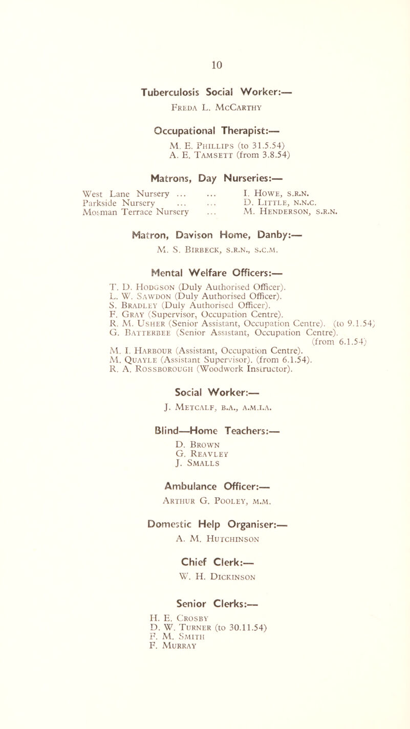 Tuberculosis Social Worker:- Freda L. McCarthy Occupational Therapist:— M. E. Phillips (to 31.5.54) A. E. Tamsett (from 3.8.54) Matrons, Day Nurseries:— I. Howe, s.r.n. D. Little, n.n.c. M. Henderson, s.r.n. West Lane Nursery ... Parkside Nursery Mosman Terrace Nursery Matron, Davison Home, Danby:— M. S. Birbeck, s.r.n., s.c.m. Mental Welfare Officers:— T. D. Hodgson (Duly Authorised Officer). L. W. Sawdon (Duly Authorised Officer). S. Bradley (Duly Authorised Officer). F. Gray (Supervisor, Occupation Centre). R. M. Usher (Senior Assistant, Occupation Centre), (to 9.1.54) G. Batterbee (Senior Assistant, Occupation Centre). (from 6.1.54) M. I. Harbour (Assistant, Occupation Centre). M. Quayle (Assistant Supervisor), (from 6.1.54). R. A. Rossborough (Woodwork Instructor). Social Worker:— J. Metcalf, b.a., a.m.i.a. Blind—Home Teachers:— D. Brown G. Reavley J. Smalls Ambulance Officer:— Arthur G. Pooley, m.m. Domestic Help Organiser:— A. AT Hutchinson Chief Cierk:—- W. H. Dickinson Senior Clerks:— IT. E. Crosby D. W. Turner (to 30.11.54) F. M. Smith F. Murray