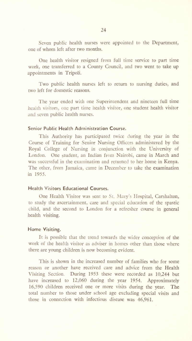 Seven public health nurses were appointed to the Department, one of whom left after two months. One health visitor resigned from full time service to part time work, one transferred to a County Council, and two went to take up appointments in Tripoli. Two public health nurses left to return to nursing duties, and two left for domestic reasons. The year ended with one Superintendent and nineteen full time health visitors, one part time health visitor, one student health visitor and seven public health nurses. Senior Public Health Administration Course. This Authority has participated twice during the year in the Course of Training for Senior Nursing Officers administered by the Royal College of Nursing in conjunction with the University of London. One student, an Indian from Nairobi, came in March and was successful in the examination and returned to her home in Kenya. The other, from Jamaica, came in December to take the examination in 1955. Health Visitors Educational Courses. One Health Visitor was sent to St. Mary’s Hospital, Carshalton, to study the ascertainment, care and special education of the spastic child, and the second to London for a refresher course in general health visiting. Home Visiting. It is possible that the trend towards the wider conception of the work of the health visitor as adviser in homes other than those where there are young children is now becoming evident. This is shown in the increased number of families who for some reason or another have received care and advice from the Health Visiting Section. During 1953 these were recorded as 10,244 but have increased to 12,060 during the year 1954. Approximately 16,590 children received one or more visits during the year. The total number to those under school age excluding special visits and those in connection with infectious disease was 46,961.