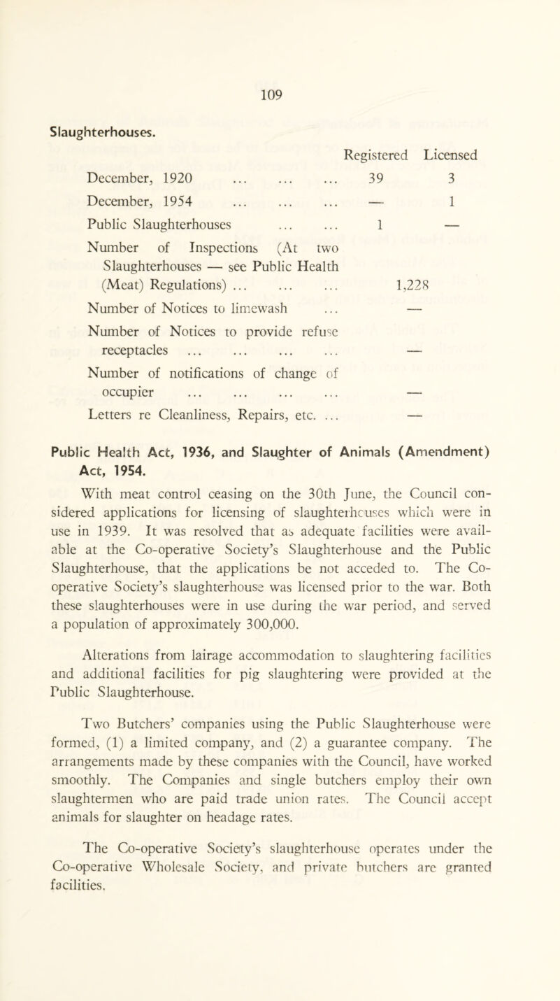 Slaughterhouses. Registered Licensed December, 1920 ... . December, 1954 Public Slaughterhouses Number of Inspections (At two Slaughterhouses — see Public Health (Meat) Regulations) ... Number of Notices to limewash 39 3 — 1 1 - 1,228 Number of Notices to provide refuse receptacles ... ... . Number of notifications of change of occupier Letters re Cleanliness, Repairs, etc. ... Public Health Act, 1936, and Slaughter of Animals (Amendment) Act, 1954. With meat control ceasing on the 30th June, the Council con¬ sidered applications for licensing of slaughterhouses which were in use in 1939. It was resolved that as adequate facilities were avail¬ able at the Co-operative Society’s Slaughterhouse and the Public Slaughterhouse, that the applications be not acceded to. The Co¬ operative Society’s slaughterhouse was licensed prior to the war. Both these slaughterhouses were in use during ihe war period, and served a population of approximately 300,000. Alterations from lairage accommodation to slaughtering facilities and additional facilities for pig slaughtering were provided at the Public Slaughterhouse. Two Butchers’ companies using the Public Slaughterhouse were formed, (1) a limited company, and (2) a guarantee company. The arrangements made by these companies with the Council, have worked smoothly. The Companies and single butchers employ their own slaughtermen who are paid trade union rates. The Council accept animals for slaughter on headage rates. The Co-operative Society’s slaughterhouse operates under the Co-operative Wholesale Society, and private butchers are granted facilities.