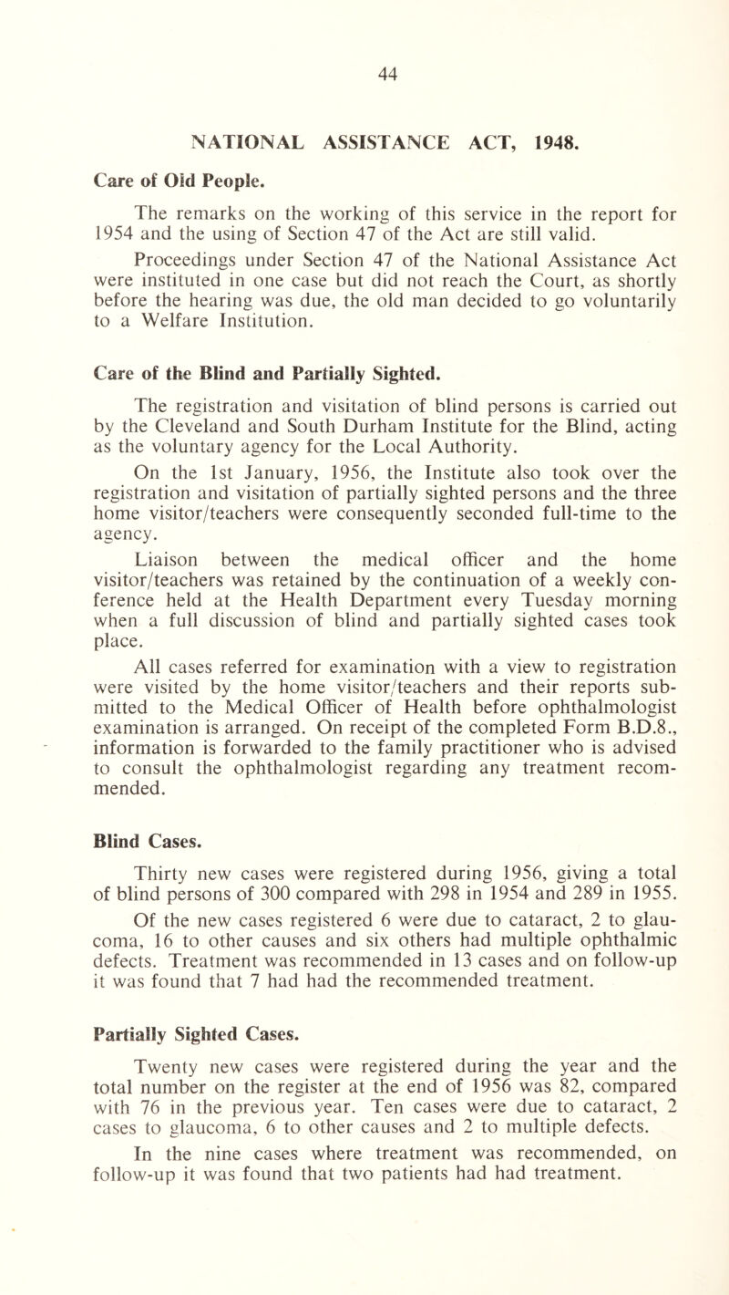 NATIONAL ASSISTANCE ACT, 1948. Care of Old People. The remarks on the working of this service in the report for 1954 and the using of Section 47 of the Act are still valid. Proceedings under Section 47 of the National Assistance Act were instituted in one case but did not reach the Court, as shortly before the hearing was due, the old man decided to go voluntarily to a Welfare Institution. Care of the Blind and Partially Sighted. The registration and visitation of blind persons is carried out by the Cleveland and South Durham Institute for the Blind, acting as the voluntary agency for the Local Authority. On the 1st January, 1956, the Institute also took over the registration and visitation of partially sighted persons and the three home visitor/teachers were consequently seconded full-time to the agency. Liaison between the medical officer and the home visitor/teachers was retained by the continuation of a weekly con¬ ference held at the Health Department every Tuesday morning when a full discussion of blind and partially sighted cases took place. All cases referred for examination with a view to registration were visited by the home visitor/teachers and their reports sub¬ mitted to the Medical Officer of Health before ophthalmologist examination is arranged. On receipt of the completed Form B.D.8., information is forwarded to the family practitioner who is advised to consult the ophthalmologist regarding any treatment recom¬ mended. Blind Cases. Thirty new cases were registered during 1956, giving a total of blind persons of 300 compared with 298 in 1954 and 289 in 1955. Of the new cases registered 6 were due to cataract, 2 to glau¬ coma, 16 to other causes and six others had multiple ophthalmic defects. Treatment was recommended in 13 cases and on follow-up it was found that 7 had had the recommended treatment. Partially Sighted Cases. Twenty new cases were registered during the year and the total number on the register at the end of 1956 was 82, compared with 76 in the previous year. Ten cases were due to cataract, 2 cases to glaucoma, 6 to other causes and 2 to multiple defects. In the nine cases where treatment was recommended, on follow-up it was found that two patients had had treatment.