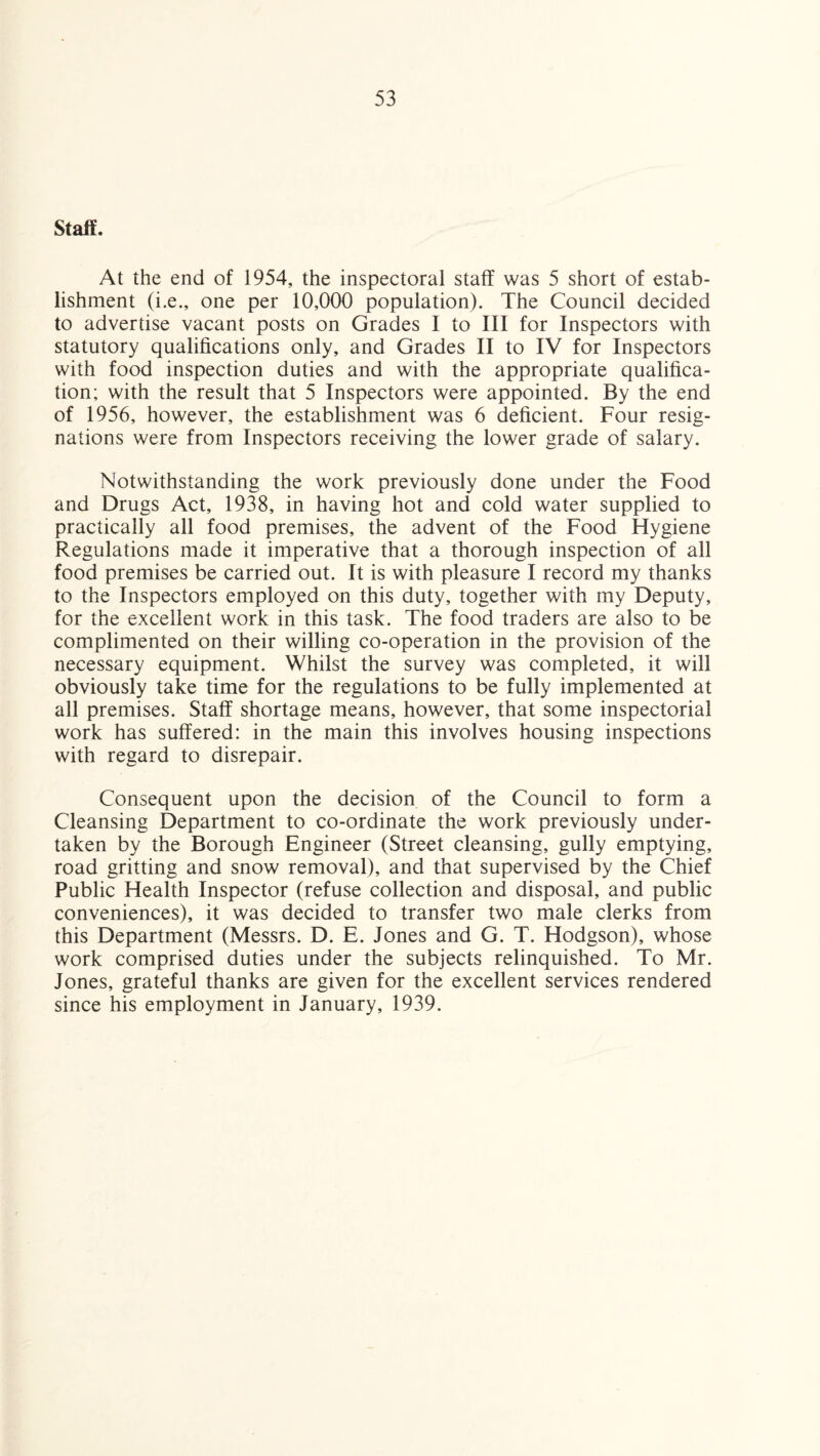 Staff. At the end of 1954, the inspectoral staff was 5 short of estab¬ lishment (i.e., one per 10,000 population). The Council decided to advertise vacant posts on Grades I to III for Inspectors with statutory qualifications only, and Grades II to IV for Inspectors with food inspection duties and with the appropriate qualifica¬ tion; with the result that 5 Inspectors were appointed. By the end of 1956, however, the establishment was 6 deficient. Four resig¬ nations were from Inspectors receiving the lower grade of salary. Notwithstanding the work previously done under the Food and Drugs Act, 1938, in having hot and cold water supplied to practically all food premises, the advent of the Food Hygiene Regulations made it imperative that a thorough inspection of all food premises be carried out. It is with pleasure I record my thanks to the Inspectors employed on this duty, together with my Deputy, for the excellent work in this task. The food traders are also to be complimented on their willing co-operation in the provision of the necessary equipment. Whilst the survey was completed, it will obviously take time for the regulations to be fully implemented at all premises. Staff shortage means, however, that some inspectorial work has suffered: in the main this involves housing inspections with regard to disrepair. Consequent upon the decision of the Council to form a Cleansing Department to co-ordinate the work previously under¬ taken by the Borough Engineer (Street cleansing, gully emptying, road gritting and snow removal), and that supervised by the Chief Public Health Inspector (refuse collection and disposal, and public conveniences), it was decided to transfer two male clerks from this Department (Messrs. D. E. Jones and G. T. Hodgson), whose work comprised duties under the subjects relinquished. To Mr. Jones, grateful thanks are given for the excellent services rendered since his employment in January, 1939.