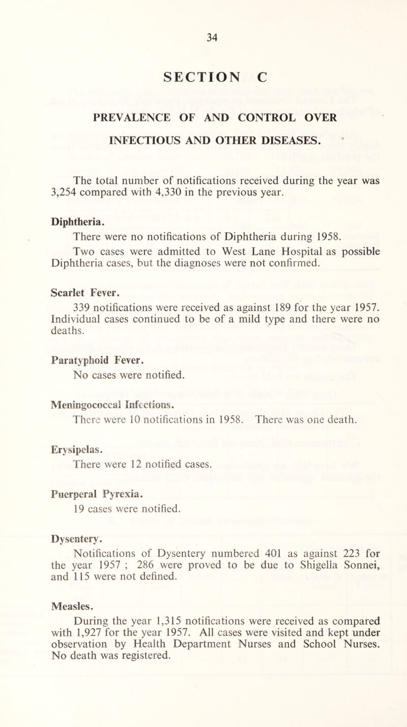 SECTION C PREVALENCE OF AND CONTROL OVER INFECTIOUS AND OTHER DISEASES. The total number of notifications received during the year was 3,254 compared with 4,330 in the previous year. Diphtheria. There were no notifications of Diphtheria during 1958. Two cases were admitted to West Lane Hospital as possible Diphtheria cases, but the diagnoses were not confirmed. Scarlet Fever. 339 notifications were received as against 189 for the year 1957. Individual cases continued to be of a mild type and there were no deaths. Paratyphoid Fever. No cases were notified. Meningococcal Infections. There were 10 notifications in 1958. There was one death. Erysipelas. There were 12 notified cases. Puerperal Pyrexia. 19 cases were notified. Dysentery. Notifications of Dysentery numbered 401 as against 223 for the year 1957 ; 286 were proved to be due to Shigella Sonnei, and 115 were not defined. Measles. During the year 1,315 notifications were received as compared with 1,927 for the year 1957. All cases were visited and kept under observation by Health Department Nurses and School Nurses. No death was registered.