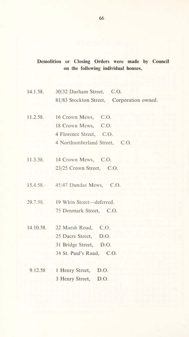 Demolition or Closing Orders were made by Council on the following individual houses. 14.1.58. 30/32 Durham Street, C.O. 81/83 Stockton Street, Corporation owned. 11.2.58. 16 Crown Mews, C.O. 18 Crown Mews, C.O. 4 Florence Street, C.O. 4 Northumberland Street, C.O. 11.3.58. 14 Crown Mews, C.O. 23/25 Crown Street, C.O. 15.4.58.- 45/47 Dundas Mews, C.O. 29.7.58. 19 Whin Street—deferred. 75 Denmark Street, C.O. 14.10.58. 22 Marsh Road, C.O. 25 Dacre Street, D.O. 31 Bridge Street, D.O. 34 St. Paul’s Road, C.O. 9.12.58 1 Henry Street, D.O. 3 Henry Street, D.O.