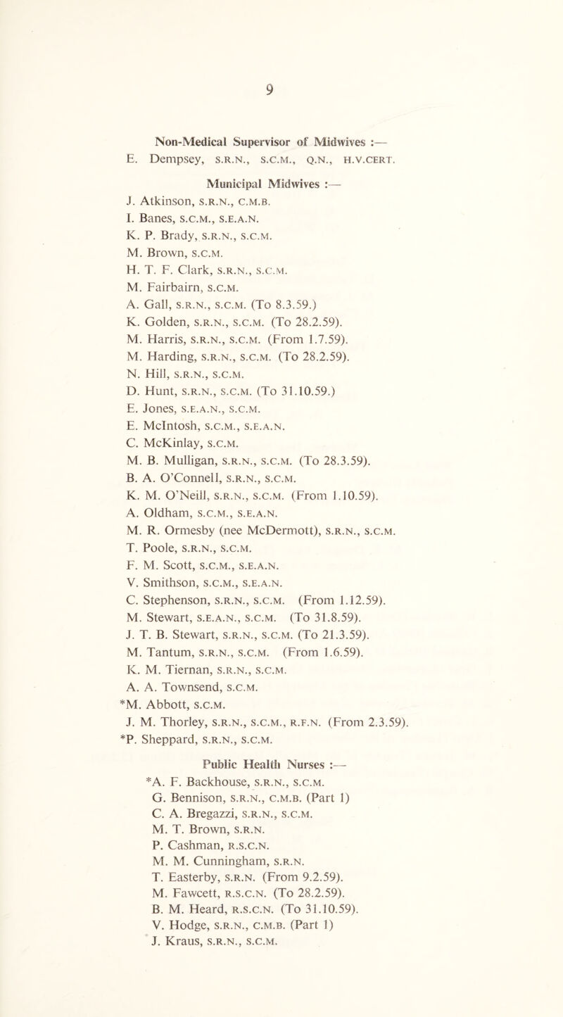 Non-Medical Supervisor of Midwives :— E. Dempsey, s.r.n., s.c.m., q.n., h.v.cert. Municipal Midwives :— J. Atkinson, s.r.n., c.m.b. I. Banes, s.c.m., s.e.a.n. K. P. Brady, s.r.n., s.c.m. M. Brown, s.c.m. H. T. F. Clark, s.r.n., s.c.m. M. Fairbairn, s.c.m. A. Gall, s.r.n., s.c.m. (To 8.3.59.) K. Golden, s.r.n., s.c.m. (To 28.2.59). M. Harris, s.r.n., s.c.m. (From 1.7.59). M. Harding, s.r.n., s.c.m. (To 28.2.59). N. Hill, s.r.n., s.c.m. D. Hunt, s.r.n., s.c.m. (To 31.10.59.) E. Jones, s.e.a.n., s.c.m. E. McIntosh, s.c.m., s.e.a.n. C. McKinlay, s.c.m. M. B. Mulligan, s.r.n., s.c.m. (To 28.3.59). B. A. O’Connell, s.r.n., s.c.m. K. M. O’Neill, s.r.n., s.c.m. (From 1.10.59). A. Oldham, s.c.m., s.e.a.n. M. R. Ormesby (nee McDermott), s.r.n., s.c.m. T. Poole, S.R.N., S.C.M. F. M. Scott, S.C.M., S.E.A.N. V. Smithson, s.c.m., s.e.a.n. C. Stephenson, s.r.n., s.c.m. (From 1.12.59). M. Stewart, s.e.a.n., s.c.m. (To 31.8.59). J. T. B. Stewart, s.r.n., s.c.m. (To 21.3.59). M. Tantum, s.r.n., s.c.m. (From 1.6.59). K. M. Tiernan, s.r.n., s.c.m. A. A. Townsend, s.c.m. *M. Abbott, s.c.m. J. M. Thorley, s.r.n., s.c.m., r.f.n. (From 2.3.59). *P. Sheppard, s.r.n., s.c.m. Public Healtli Nurses :— *A. F. Backhouse, s.r.n., s.c.m. G. Bennison, s.r.n., c.m.b. (Part 1) C. A. Bregazzi, s.r.n., s.c.m. M. T. Brown, s.r.n. P. Cashman, r.s.c.n. M. M. Cunningham, s.r.n. T. Easterby, s.r.n. (From 9.2.59). M. Fawcett, r.s.c.n. (To 28.2.59). B. M. Heard, r.s.c.n. (To 31.10.59). V. Hodge, s.r.n., c.m.b. (Part 1) J. Kraus, s.r.n., s.c.m.