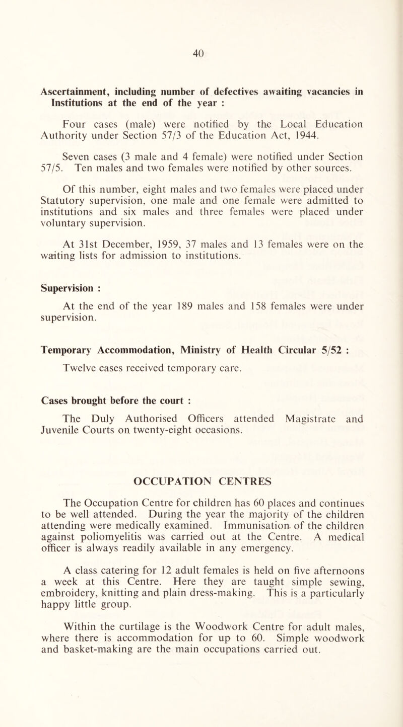 Ascertainment, including number of defectives awaiting vacancies in Institutions at the end of the year : Four cases (male) were notified by the Local Education Authority under Section 57/3 of the Education Act, 1944. Seven cases (3 male and 4 female) were notified under Section 57/5. Ten males and two females were notified by other sources. Of this number, eight males and two females were placed under Statutory supervision, one male and one female were admitted to institutions and six males and three females were placed under voluntary supervision. At 31st December, 1959, 37 males and 13 females were on the waiting lists for admission to institutions. Supervision : At the end of the year 189 males and 158 females were under supervision. Temporary Accommodation, Ministry of Health Circular 5/52 : Twelve cases received temporary care. Cases brought before the court : The Duly Authorised Officers attended Magistrate and Juvenile Courts on twenty-eight occasions. OCCUPATION CENTRES The Occupation Centre for children has 60 places and continues to be well attended. During the year the majority of the children attending were medically examined. Immunisation, of the children against poliomyelitis was carried out at the Centre. A medical officer is always readily available in any emergency. A class catering for 12 adult females is held on five afternoons a week at this Centre. Here they are taught simple sewing, embroidery, knitting and plain dress-making. This is a particularly happy little group. Within the curtilage is the Woodwork Centre for adult males, where there is accommodation for up to 60. Simple woodwork and basket-making are the main occupations carried out.