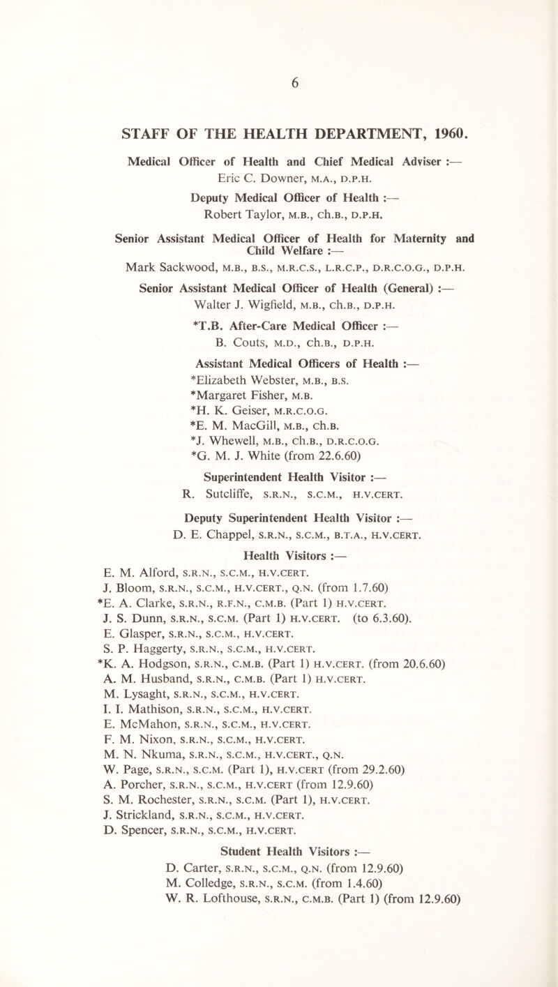 STAFF OF THE HEALTH DEPARTMENT, 1960. Medical Officer of Health and Chief Medical Adviser :— Eric C. Downer, m.a., d.p.h. Deputy Medical Officer of Health :— Robert Taylor, m.b., ch.B., d.p.h. Senior Assistant Medical Officer of Health for Maternity and Child Welfare Mark Sackwood, m.b., b.s., m.r.c.s., l.r.c.p., d.r.c.o.g., d.p.h. Senior Assistant Medical Officer of Health (General) :— Walter J. Wigfield, m.b., ch.B., d.p.h. *T.B. After-Care Medical Officer :— B. Coilts, M.D., ch.B., D.P.H. Assistant Medical Officers of Health :— *Elizabeth Webster, m.b., b.s. * Margaret Fisher, m.b. *H. K. Geiser, m.r.c.o.g. *E. M. MacGill, m.b., ch.B. *J. Whewell, m.b., ch.B., d.r.c.o.g. *G. M. J. White (from 22.6.60) Superintendent Health Visitor :— R. Sutcliffe, s.r.n., s.c.m., h.v.cert. Deputy Superintendent Health Visitor :— D. E. Chappel, s.r.n., s.c.m., b.t.a., h.v.cert. Health Visitors :— E. M. Alford, s.r.n., s.c.m., h.v.cert. J. Bloom, s.r.n., s.c.m., h.v.cert., q.n. (from 1.7.60) *E. A. Clarke, s.r.n., r.f.n., c.m.b. (Part 1) h.v.cert. J. S. Dunn, s.r.n., s.c.m. (Part 1) h.v.cert. (to 6.3.60). E. Glasper, s.r.n., s.c.m., h.v.cert. S. P. Haggerty, s.r.n., s.c.m., h.v.cert. *K. A. Hodgson, s.r.n., c.m.b. (Part 1) h.v.cert. (from 20.6.60) A. M. Husband, s.r.n., c.m.b. (Part 1) h.v.cert. M. Lysaght, s.r.n., s.c.m., h.v.cert. I. I. Mathison, s.r.n., s.c.m., h.v.cert. E. McMahon, s.r.n., s.c.m., h.v.cert. F. M. Nixon, s.r.n., s.c.m., h.v.cert. M. N. Nkuma, s.r.n., s.c.m., h.v.cert., q.n. W. Page, s.r.n., s.c.m. (Part 1), h.v.cert (from 29.2.60) A. Porcher, s.r.n., s.c.m., h.v.cert (from 12.9.60) S. M. Rochester, s.r.n., s.c.m. (Part 1), h.v.cert. J. Strickland, s.r.n., s.c.m., h.v.cert. D. Spencer, s.r.n., s.c.m., h.v.cert. Student Health Visitors :— D. Carter, s.r.n., s.c.m., q.n. (from 12.9.60) M. Colledge, s.r.n., s.c.m. (from 1.4.60) W. R. Lofthouse, s.r.n., c.m.b. (Part 1) (from 12.9.60)