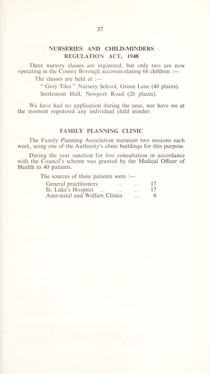 NURSERIES AND CHILD-MINDERS REGULATION ACT, 1948 Three nursery classes are registered, but only two are now operating in the County Borough accommodating 68 children :— The classes are held at :— “ Grey Tiles ” Nursery School, Green Lane (40 places). Settlement Hall, Newport Road (28 places). We have had no application during the year, nor have we at the moment registered any individual child minder. FAMILY PLANNING CLINIC The Family Planning Association maintain two sessions each week, using one of the Authority’s clinic buildings for this purpose. During the year sanction for free consultation in accordance with the Council’s scheme was granted by the Medical Officer of Health to 40 patients. The sources of these patients were : General practitioners St. Luke’s Hospital Ante-natal and Welfare Clinics 17 17 6