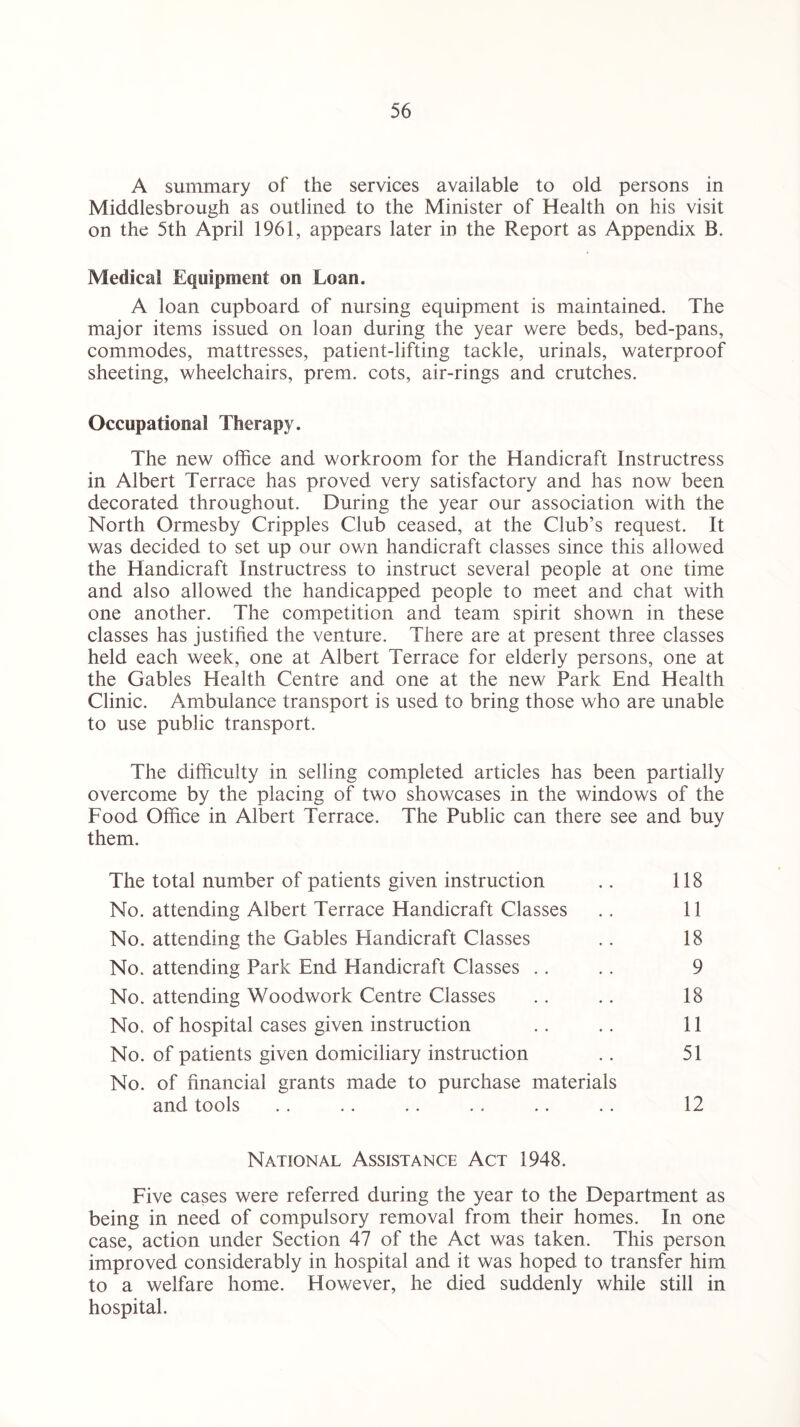 A summary of the services available to old persons in Middlesbrough as outlined to the Minister of Health on his visit on the 5th April 1961, appears later in the Report as Appendix B. Medical Equipment on Loan. A loan cupboard of nursing equipment is maintained. The major items issued on loan during the year were beds, bed-pans, commodes, mattresses, patient-lifting tackle, urinals, waterproof sheeting, wheelchairs, prem. cots, air-rings and crutches. Occupational Therapy. The new office and workroom for the Handicraft Instructress in Albert Terrace has proved very satisfactory and has now been decorated throughout. During the year our association with the North Ormesby Cripples Club ceased, at the Club’s request. It was decided to set up our own handicraft classes since this allowed the Handicraft Instructress to instruct several people at one time and also allowed the handicapped people to meet and chat with one another. The competition and team spirit shown in these classes has justified the venture. There are at present three classes held each week, one at Albert Terrace for elderly persons, one at the Gables Health Centre and one at the new Park End Health Clinic. Ambulance transport is used to bring those who are unable to use public transport. The difficulty in selling completed articles has been partially overcome by the placing of two showcases in the windows of the Food Office in Albert Terrace. The Public can there see and buy them. The total number of patients given instruction .. 118 No. attending Albert Terrace Handicraft Classes .. 11 No. attending the Gables Handicraft Classes .. 18 No. attending Park End Handicraft Classes .. . . 9 No. attending Woodwork Centre Classes .. .. 18 No. of hospital cases given instruction .. .. 11 No. of patients given domiciliary instruction .. 51 No. of financial grants made to purchase materials and tools . . . . .. .. .. .. 12 National Assistance Act 1948. Five cases were referred during the year to the Department as being in need of compulsory removal from their homes. In one case, action under Section 47 of the Act was taken. This person improved considerably in hospital and it was hoped to transfer him to a welfare home. However, he died suddenly while still in hospital.