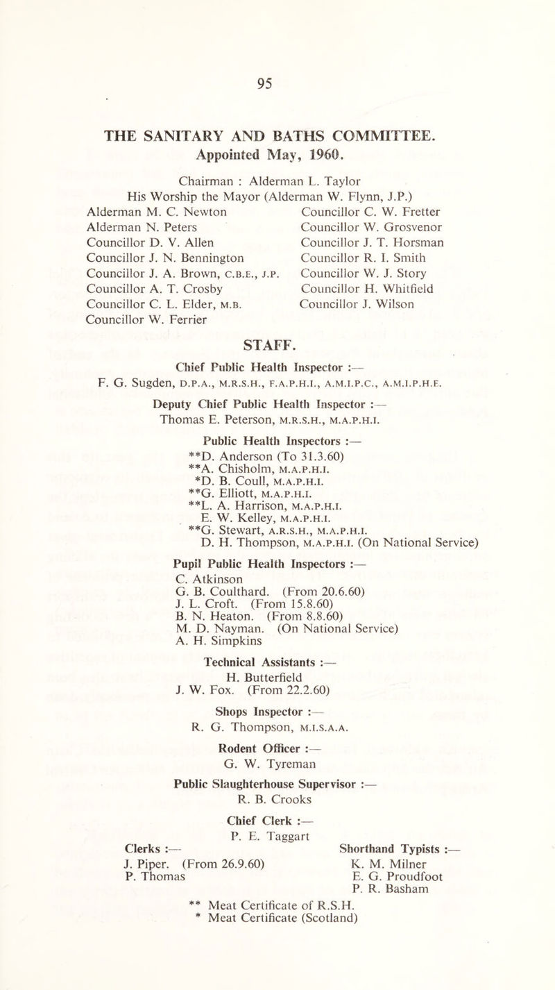 THE SANITARY AND BATHS COMMITTEE. Appointed May, 1960. Chairman : Alderman L. Taylor His Worship the Mayor (Alderman W. Flynn, J.P.) Alderman M. C. Newton Alderman N. Peters Councillor D. V. Allen Councillor J. N. Bennington Councillor J. A. Brown, c.b.e. Councillor A. T. Crosby Councillor C. L. Elder, m.b. Councillor W. Ferrier j.p. Councillor C. W. Fretter Councillor W. Grosvenor Councillor J. T. Horsman Councillor R. I. Smith Councillor W. J. Story Councillor H. Whitfield Councillor .1. Wilson STAFF. Chief Public Health Inspector :— F. G. Sugden, d.p.a., m.r.s.h., f.a.p.h.i., a.m.i.p.c., a.m.i.p.h.e. Deputy Chief Public Health Inspector :— Thomas E. Peterson, m.r.s.h., m.a.p.h.i. Public Health Inspectors **D. Anderson (To 31.3.60) **A. Chisholm, m.a.p.h.i. *D. B. Coull, M.A.P.H.I. **G. Elliott, M.A.P.H.I. **L. A. Harrison, m.a.p.h.i. E. W. Kelley, m.a.p.h.i. **G. Stewart, a.r.s.h., m.a.p.h.i. D. H. Thompson, m.a.p.h.i. (On National Service) Pupil Public Health Inspectors :— C. Atkinson G. B. Coulthard. (From 20.6.60) J. L. Croft. (From 15.8.60) B. N. Heaton. (From 8.8.60) M. D. Nayman. (On National Service) A. H. Simpkins Technical Assistants :— H. Butterfield J. W. Fox. (From 22.2.60) Shops Inspector :— R. G. Thompson, m.i.s.a.a. Rodent Officer :— G. W. Tyreman Public Slaughterhouse Supervisor :— R. B. Crooks Chief Clerk :— P. E. Taggart Clerks :— Shorthand Typists :— J. Piper. (From 26.9.60) K. M. Milner P. Thomas E. G. Proudfoot P. R. Basham ** Meat Certificate of R.S.H. * Meat Certificate (Scotland)