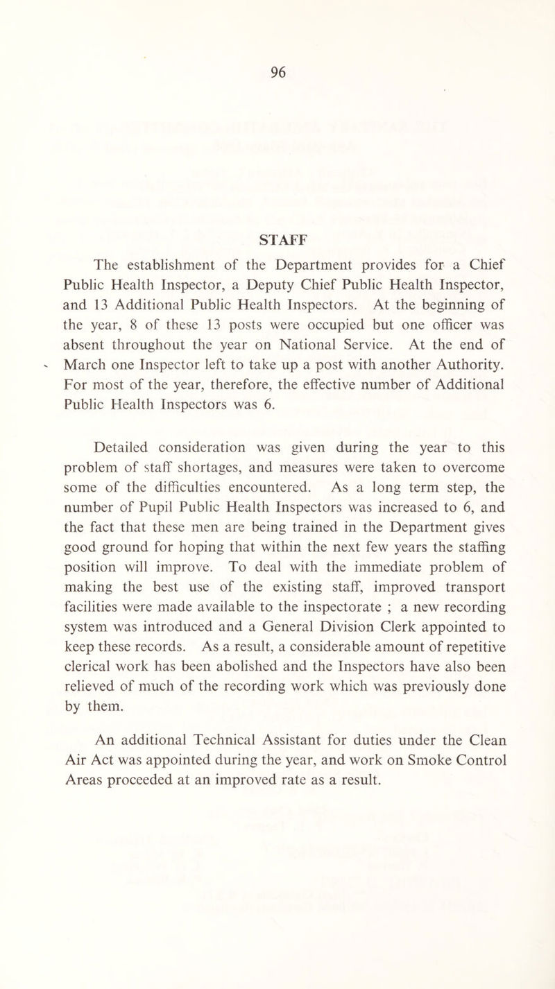 STAFF The establishment of the Department provides for a Chief Public Health Inspector, a Deputy Chief Public Health Inspector, and 13 Additional Public Health Inspectors. At the beginning of the year, 8 of these 13 posts were occupied but one officer was absent throughout the year on National Service. At the end of - March one Inspector left to take up a post with another Authority. For most of the year, therefore, the effective number of Additional Public Health Inspectors was 6. Detailed consideration was given during the year to this problem of staff shortages, and measures were taken to overcome some of the difficulties encountered. As a long term step, the number of Pupil Public Health Inspectors was increased to 6, and the fact that these men are being trained in the Department gives good ground for hoping that within the next few years the staffing position will improve. To deal with the immediate problem of making the best use of the existing staff, improved transport facilities were made available to the inspectorate ; a new recording system was introduced and a General Division Clerk appointed to keep these records. As a result, a considerable amount of repetitive clerical work has been abolished and the Inspectors have also been relieved of much of the recording work which was previously done by them. An additional Technical Assistant for duties under the Clean Air Act was appointed during the year, and work on Smoke Control Areas proceeded at an improved rate as a result.