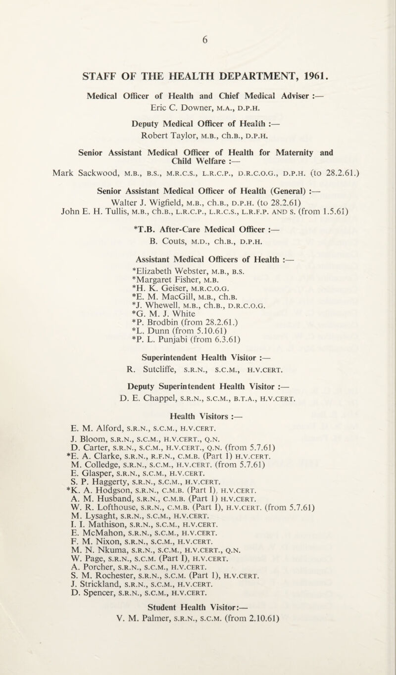 STAFF OF THE HEALTH DEPARTMENT, 1961. Medical Officer of Health and Chief Medical Adviser :— Eric C. Downer, m.a., d.p.h. Deputy Medical Officer of Health :— Robert Taylor, m.b., ch.B., d.p.h. Senior Assistant Medical Officer of Health for Maternity and Child Welfare :— Mark Sackwood, m.b., b.s., m.r.c.s., l.r.c.p., d.r.c.o.g., d.p.h. (to 28.2.61.) Senior Assistant Medical Officer of Health (General) :— Walter J. Wigfield, m.b., ch.B., d.p.h. (to 28.2.61) John E. H. Tullis, m.b., ch.B., l.r.c.p., l.r.c.s., l.r.f.p. and s. (from 1.5.61) *T.B. After-Care Medical Officer :— B. Couts, M.D., ch.B., D.P.H. Assistant Medical Officers of Health :— *Elizabeth Webster, m.b., b.s. ^Margaret Fisher, m.b. *H. K. Geiser, m.r.c.o.g. *E. M. MacGill, m.b., ch.B. *J. Whewelh m.b., ch.B., d.r.c.o.g. *G. M. J. White *P. Brodbin (from 28.2.61.) *L. Dunn (from 5.10.61) *P. L. Punjabi (from 6.3.61) Superintendent Health Visitor :— R. Sutcliffe, s.r.n., s.c.m., h.v.cert. Deputy Superintendent Health Visitor :— D. E. Chappel, s.r.n., s.c.m., b.t.a., h.v.cert. Health Visitors :— E. M. Alford, s.r.n., s.c.m., h.v.cert. J. Bloom, s.r.n., s.c.m., h.v.cert., q.n. D. Carter, s.r.n., s.c.m., h.v.cert., q.n. (from 5.7.61) *E. A. Clarke, s.r.n., r.f.n., c.m.b. (Part 1) h.v.cert. M. Colledge, s.r.n., s.c.m., h.v.cert. (from 5.7.61) E. Glasper, s.r.n., s.c.m., h.v.cert. S. P. Haggerty, s.r.n., s.c.m., h.v.cert. *K. A. Hodgson, s.r.n., c.m.b. (Part I); h.v.cert. A. M. Husband, s.r.n., c.m.b. (Part lj h.v.cert. W. R. Lofthouse, s.r.n., c.m.b. (Part 1), h.v.cert. (from 5.7.61) M. Lysaght, s.r.n., s.c.m., h.v.cert. I. 1. Mathison, s.r.n., s.c.m., h.v.cert. E. McMahon, s.r.n., s.c.m., h.v.cert. F. M. Nixon, s.r.n., s.c.m., h.v.cert. M. N. Nkuma, s.r.n., s.c.m., h.v.cert., q.n. W. Page, s.r.n., s.c.m. (Part I), h.v.cert. A. Porcher, s.r.n., s.c.m., h.v.cert. S. M. Rochester, s.r.n., s.c.m. (Part 1), h.v.cert. J. Strickland, s.r.n., s.c.m., h.v.cert. D. Spencer, s.r.n., s.c.m., h.v.cert. Student Health Visitor:— V. M. Palmer, s.r.n., s.c.m. (from 2.10.61)