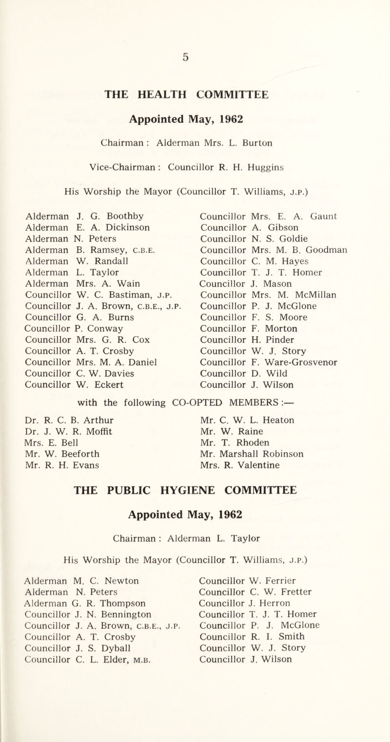 THE HEALTH COMMITTEE Appointed May, 1962 Chairman : Alderman Mrs. L. Burton Vice-Chairman : Councillor R. H. Huggins His Worship the Mayor (Councillor T. Williams, j.p.) Alderman J. G. Boothby Alderman E. A. Dickinson Alderman N. Peters Alderman B. Ramsey, c.b.e. Alderman W. Randall Alderman L. Taylor Alderman Mrs. A. Wain Councillor W. C. Bastiman, j.p. Councillor J. A. Brown, c.b.e., j.p. Councillor G. A. Burns Councillor P. Conway Councillor Mrs. G. R. Cox Councillor A. T. Crosby Councillor Mrs. M. A. Daniel Councillor C. W. Davies Councillor W. Eckert with the following CO Dr. R. C. B. Arthur Dr. J. W. R. Moffit Mrs. E. Bell Mr. W. Beeforth Mr. R. H. Evans Councillor Mrs. E. A. Gaunt Councillor A. Gibson Councillor N. S. Goldie Councillor Mrs. M. B. Goodman Councillor C. M. Hayes Councillor T. J. T. Homer Councillor J. Mason Councillor Mrs. M. McMillan Councillor P. J. McGlone Councillor F. S. Moore Councillor F. Morton Councillor H. Pinder Councillor W. J. Story Councillor F. Ware-Grosvenor Councillor D. Wild Councillor J. Wilson OPTED MEMBERS Mr. C. W. L. Heaton Mr. W. Raine Mr. T. Rhoden Mr. Marshall Robinson Mrs. R. Valentine THE PUBLIC HYGIENE COMMITTEE Appointed May, 1962 Chairman : Alderman L. Taylor His Worship the Mayor (Councillor T. Williams, j.p.) Alderman M. C. Newton Alderman N. Peters Alderman G. R. Thompson Councillor J. N. Bennington Councillor J. A. Brown, c.b.e., j.p. Councillor A. T. Crosby Councillor J. S. Dyball Councillor C. L. Elder, m.b. Councillor W. Ferrier Councillor C. W. Fretter Councillor J. Herron Councillor T. J. T. Homer Councillor P. J. McGlone Councillor R. I. Smith Councillor W. J. Story Councillor J. Wilson