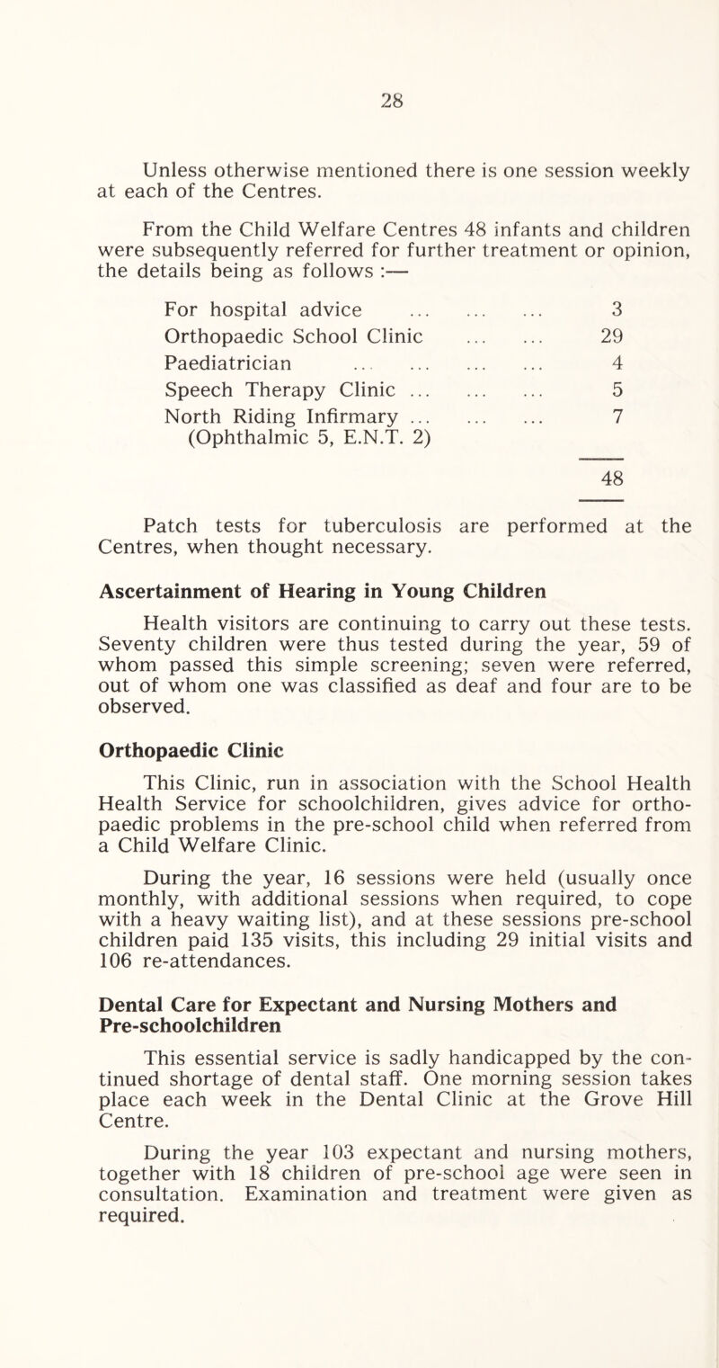 Unless otherwise mentioned there is one session weekly at each of the Centres. From the Child Welfare Centres 48 infants and children were subsequently referred for further treatment or opinion, the details being as follows :— For hospital advice . 3 Orthopaedic School Clinic . 29 Paediatrician . 4 Speech Therapy Clinic. 5 North Riding Infirmary. 7 (Ophthalmic 5, E.N.T. 2) 48 Patch tests for tuberculosis are performed at the Centres, when thought necessary. Ascertainment of Hearing in Young Children Health visitors are continuing to carry out these tests. Seventy children were thus tested during the year, 59 of whom passed this simple screening; seven were referred, out of whom one was classified as deaf and four are to be observed. Orthopaedic Clinic This Clinic, run in association with the School Health Health Service for schoolchildren, gives advice for ortho¬ paedic problems in the pre-school child when referred from a Child Welfare Clinic. During the year, 16 sessions were held (usually once monthly, with additional sessions when required, to cope with a heavy waiting list), and at these sessions pre-school children paid 135 visits, this including 29 initial visits and 106 re-attendances. Dental Care for Expectant and Nursing Mothers and Pre-schoolchildren This essential service is sadly handicapped by the con¬ tinued shortage of dental staff. One morning session takes place each week in the Dental Clinic at the Grove Hill Centre. During the year 103 expectant and nursing mothers, together with 18 children of pre-school age were seen in consultation. Examination and treatment were given as required.