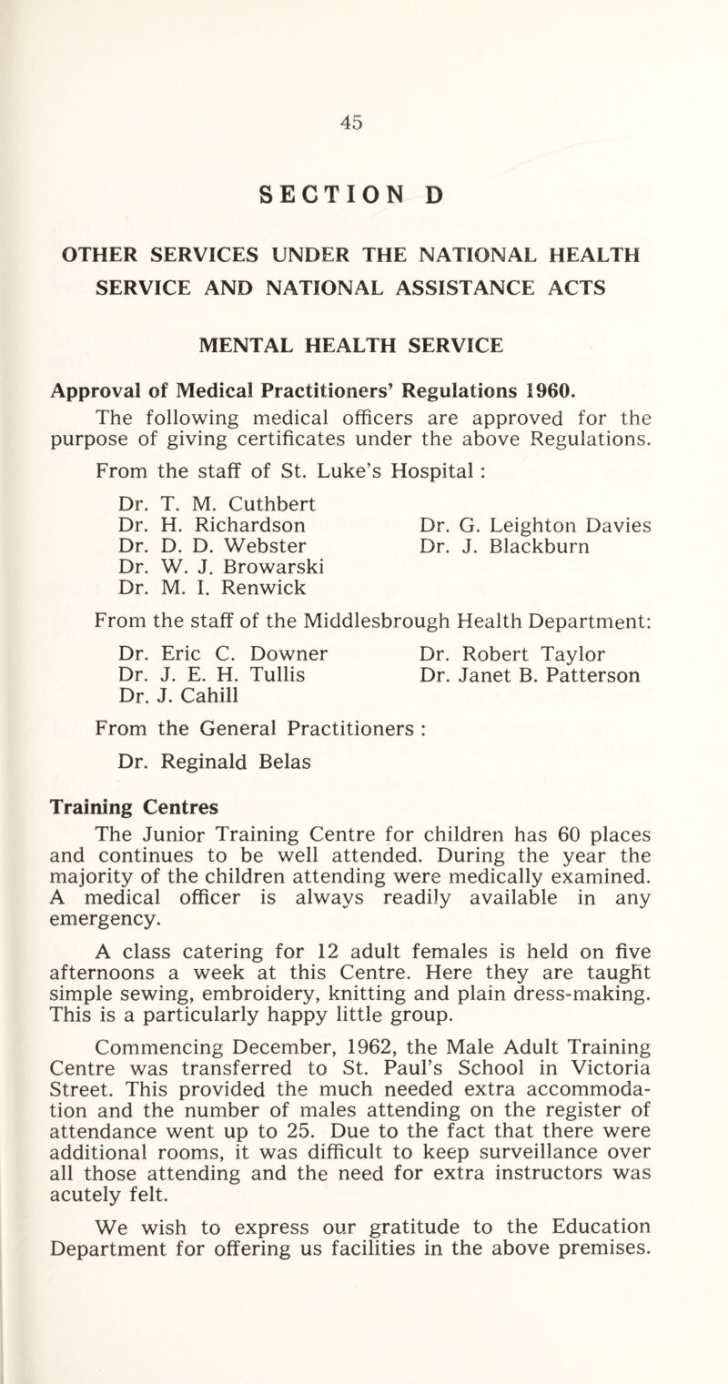 SECTION D OTHER SERVICES UNDER THE NATIONAL HEALTH SERVICE AND NATIONAL ASSISTANCE ACTS MENTAL HEALTH SERVICE Approval of Medical Practitioners’ Regulations 1960. The following medical officers are approved for the purpose of giving certificates under the above Regulations. From the staff of St. Luke’s Hospital: Dr. T. M. Cuthbert Dr. H. Richardson Dr. D. D. Webster Dr. W. J. Browarski Dr. M. I. Renwick From the staff of the Middlesbrough Health Department: Dr. Eric C. Downer Dr. Robert Taylor Dr. J. E. H. Tullis Dr. Janet B. Patterson Dr. J. Cahill From the General Practitioners : Dr. Reginald Belas Training Centres The Junior Training Centre for children has 60 places and continues to be well attended. During the year the majority of the children attending were medically examined, A medical officer is always readily available in any emergency. A class catering for 12 adult females is held on five afternoons a week at this Centre. Here they are taught simple sewing, embroidery, knitting and plain dress-making. This is a particularly happy little group. Commencing December, 1962, the Male Adult Training Centre was transferred to St. Paul’s School in Victoria Street. This provided the much needed extra accommoda¬ tion and the number of males attending on the register of attendance went up to 25. Due to the fact that there were additional rooms, it was difficult to keep surveillance over all those attending and the need for extra instructors was acutely felt. We wish to express our gratitude to the Education Department for offering us facilities in the above premises. Dr. G. Leighton Davies Dr. J. Blackburn