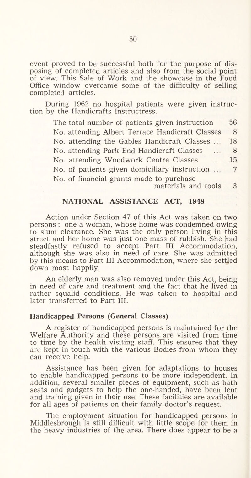 event proved to be successful both for the purpose of dis¬ posing of completed articles and also from the social point of view. This Sale of Work and the showcase in the Food Office window overcame some of the difficulty of selling completed articles. During 1962 no hospital patients were given instruc¬ tion by the Handicrafts Instructress. The total number of patients given instruction 56 No. attending Albert Terrace Handicraft Classes 8 No. attending the Gables Handicraft Classes ... 18 No. attending Park End Handicraft Classes ... 8 No. attending Woodwork Centre Classes ... 15 No. of patients given domiciliary instruction ... 7 No. of financial grants made to purchase materials and tools 3 NATIONAL ASSISTANCE ACT, 1948 Action under Section 47 of this Act was taken on two persons : one a woman, whose home was condemned owing to slum clearance. She was the only person living in this street and her home was just one mass of rubbish. She had steadfastly refused to accept Part III Accommodation, although she was also in need of care. She was admitted by this means to Part III Accommodation, where she settled down most happily. An elderly man was also removed under this Act, being in need of care and treatment and the fact that he lived in rather squalid conditions. He was taken to hospital and later transferred to Part III. Handicapped Persons (Genera! Classes) A register of handicapped persons is maintained for the Welfare Authority and these persons are visited from time to time by the health visiting staff. This ensures that they are kept in touch with the various Bodies from whom they can receive help. Assistance has been given for adaptations to houses to enable handicapped persons to be more independent. In addition, several smaller pieces of equipment, such as bath seats and gadgets to help the one-handed, have been lent and training given in their use. These facilities are available for all ages of patients on their family doctor’s request. The employment situation for handicapped persons in Middlesbrough is still difficult with little scope for them in the heavy industries of the area. There does appear to be a