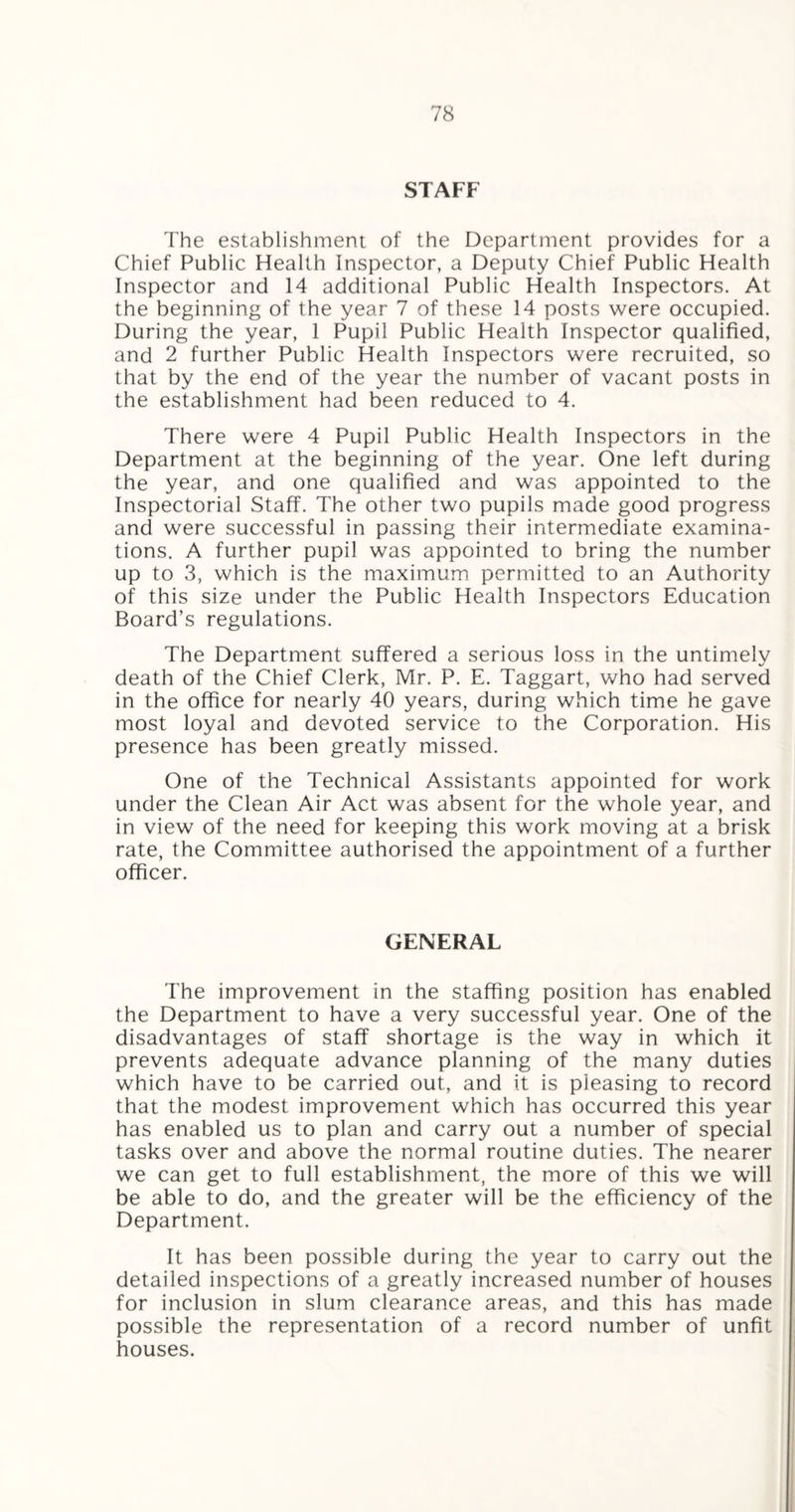 STAFF The establishment of the Department provides for a Chief Public Health Inspector, a Deputy Chief Public Health Inspector and 14 additional Public Health Inspectors. At the beginning of the year 7 of these 14 posts were occupied. During the year, 1 Pupil Public Health Inspector qualified, and 2 further Public Health Inspectors were recruited, so that by the end of the year the number of vacant posts in the establishment had been reduced to 4. There were 4 Pupil Public Health Inspectors in the Department at the beginning of the year. One left during the year, and one qualified and was appointed to the Inspectorial Staff. The other two pupils made good progress and were successful in passing their intermediate examina¬ tions. A further pupil was appointed to bring the number up to 3, which is the maximum permitted to an Authority of this size under the Public Health Inspectors Education Board’s regulations. The Department suffered a serious loss in the untimely death of the Chief Clerk, Mr. P. E. Taggart, who had served in the office for nearly 40 years, during which time he gave most loyal and devoted service to the Corporation. His presence has been greatly missed. One of the Technical Assistants appointed for work under the Clean Air Act was absent for the whole year, and in view of the need for keeping this work moving at a brisk rate, the Committee authorised the appointment of a further officer. GENERAL The improvement in the staffing position has enabled the Department to have a very successful year. One of the disadvantages of staff shortage is the way in which it prevents adequate advance planning of the many duties which have to be carried out, and it is pleasing to record that the modest improvement which has occurred this year has enabled us to plan and carry out a number of special tasks over and above the normal routine duties. The nearer we can get to full establishment, the more of this we will be able to do, and the greater will be the efficiency of the Department. It has been possible during the year to carry out the detailed inspections of a greatly increased number of houses for inclusion in slum clearance areas, and this has made possible the representation of a record number of unfit houses.