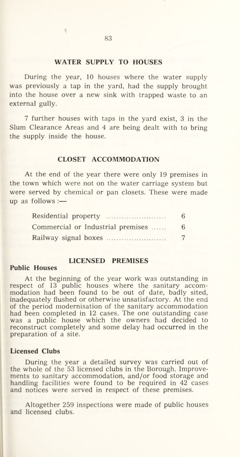 WATER SUPPLY TO HOUSES During the year, 10 houses where the water supply was previously a tap in the yard, had the supply brought into the house over a new sink with trapped waste to an external gully. 7 further houses with taps in the yard exist, 3 in the Slum Clearance Areas and 4 are being dealt with to bring the supply inside the house. CLOSET ACCOMMODATION At the end of the year there were only 19 premises in the town which were not on the water carriage system but were served by chemical or pan closets. These were made up as follows :— Residential property . 6 Commercial or Industrial premises . 6 Railway signal boxes . 7 LICENSED PREMISES Public Houses At the beginning of the year work was outstanding in respect of 13 public houses where the sanitary accom¬ modation had been found to be out of date, badly sited, inadequately flushed or otherwise unsatisfactory. At the end of the period modernisation of the sanitary accommodation had been completed in 12 cases. The one outstanding case was a public house which the owners had decided to reconstruct completely and some delay had occurred in the preparation of a site. Licensed Clubs During the year a detailed survey was carried out of the whole of the 53 licensed clubs in the Borough. Improve¬ ments to sanitary accommodation, and/or food storage and handling facilities were found to be required in 42 cases and notices were served in respect of these premises. Altogether 259 inspections were made of public houses and licensed clubs.