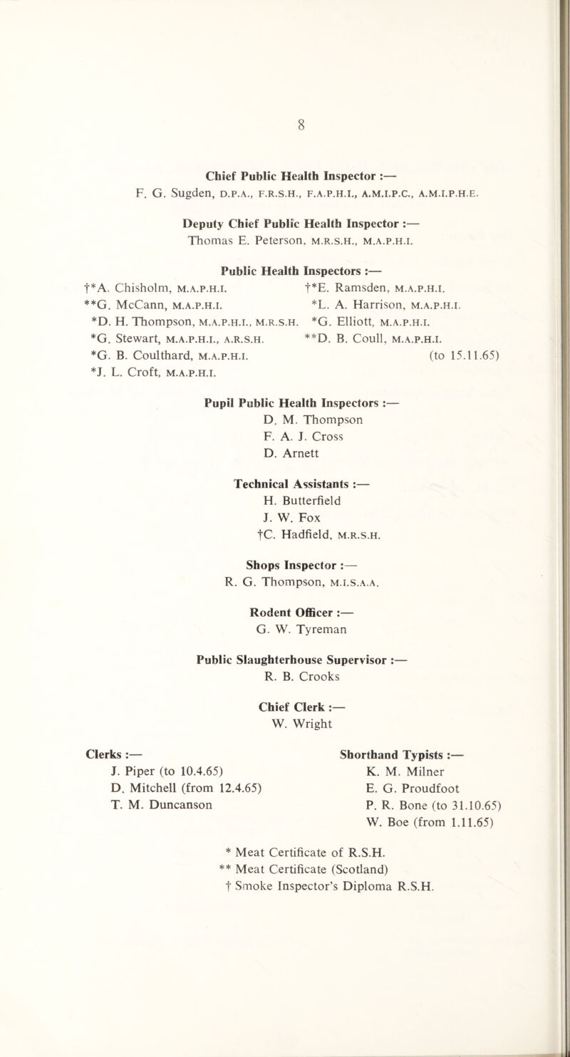 Chief Public Health Inspector :— F. G. Sugden, d.p.a., f.r.s.h., f.a.p.h.i., a.m.i.p.c., a.m.i.p.h.e. Deputy Chief Public Health Inspector :— Thomas E. Peterson, m.r.s.h., m.a.p.h.i. Public Health Inspectors :— t*A. Chisholm, m.a.p.h.i. t*E. Ramsden, m.a.p.h.i. **G. McCann, m.a.p.h.i. *L. A. Harrison, m.a.p.h.i. *D. H. Thompson, m.a.p.h.i., m.r.s.h. *G. Elliott, m.a.p.h.i. *G. Stewart, m.a.p.h.i., a.r.s.h. **D. B. Coull, m.a.p.h.i. *G. B. Coulthard, m.a.p.h.i. (to 15.11.65) *J. L. Croft, M.A.P.H.I. Pupil Public Health Inspectors :— D. M. Thompson F, A. J. Cross D. Arnett Technical Assistants ;— H. Butterfield J. W. Fox tC. Hadfield, m.r.s.h. Shops Inspector :— R. G. Thompson, m.i.s.a.a. Rodent Officer :— G. W. Tyreman Public Slaughterhouse Supervisor :— R. B. Crooks Chief Clerk W. Wright Clerks :— J. Piper (to 10.4.65) D. Mitchell (from 12.4.65) T. M. Duncanson Shorthand Typists :— K. M. Milner E. G. Proudfoot P. R. Bone (to 31.10.65) W. Boe (from 1.11.65) * Meat Certificate of R.S.H. ** Meat Certificate (Scotland) t Smoke Inspector’s Diploma R.S.H.