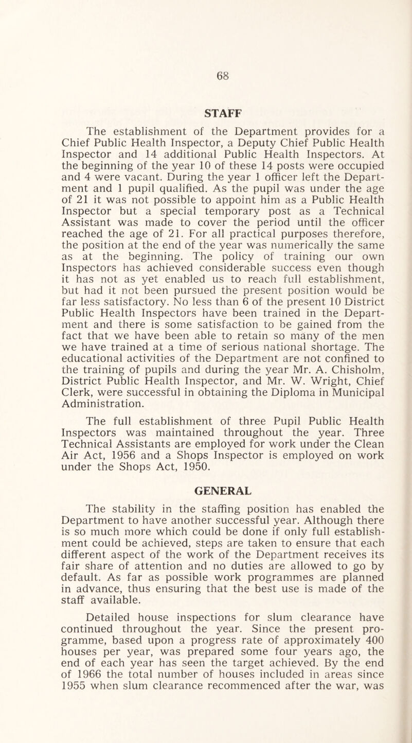 STAFF The establishment of the Department provides for a Chief Public Health Inspector, a Deputy Chief Public Health Inspector and 14 additional Public Health Inspectors. At the beginning of the year 10 of these 14 posts were occupied and 4 were vacant. During the year 1 officer left the Depart¬ ment and 1 pupil qualified. As the pupil was under the age of 21 it was not possible to appoint him as a Public Health Inspector but a special temporary post as a Technical Assistant was made to cover the period until the officer reached the age of 21. For all practical purposes therefore, the position at the end of the year was numerically the same as at the beginning. The policy of training our own Inspectors has achieved considerable success even though it has not as yet enabled us to reach full establishment, but had it not been pursued the present position would be far less satisfactory. No less than 6 of the present 10 District Public Health Inspectors have been trained in the Depart¬ ment and there is some satisfaction to be gained from the fact that we have been able to retain so many of the men we have trained at a time of serious national shortage. The educational activities of the Department are not confined to the training of pupils and during the year Mr. A. Chisholm, District Public Health Inspector, and Mr. W. Wright, Chief Clerk, were successful in obtaining the Diploma in Municipal Administration. The full establishment of three Pupil Public Health Inspectors was maintained throughout the year. Three Technical Assistants are employed for work under the Clean Air Act, 1956 and a Shops Inspector is employed on work under the Shops Act, 1950. GENERAL The stability in the staffing position has enabled the Department to have another successful year. Although there is so much more which could be done if only full establish¬ ment could be achieved, steps are taken to ensure that each different aspect of the work of the Department receives its fair share of attention and no duties are allowed to go by default. As far as possible work programmes are planned in advance, thus ensuring that the best use is made of the staff available. Detailed house inspections for slum clearance have continued throughout the year. Since the present pro¬ gramme, based upon a progress rate of approximately 400 houses per year, was prepared some four years ago, the end of each year has seen the target achieved. By the end of 1966 the total number of houses included in areas since 1955 when slum clearance recommenced after the war, was