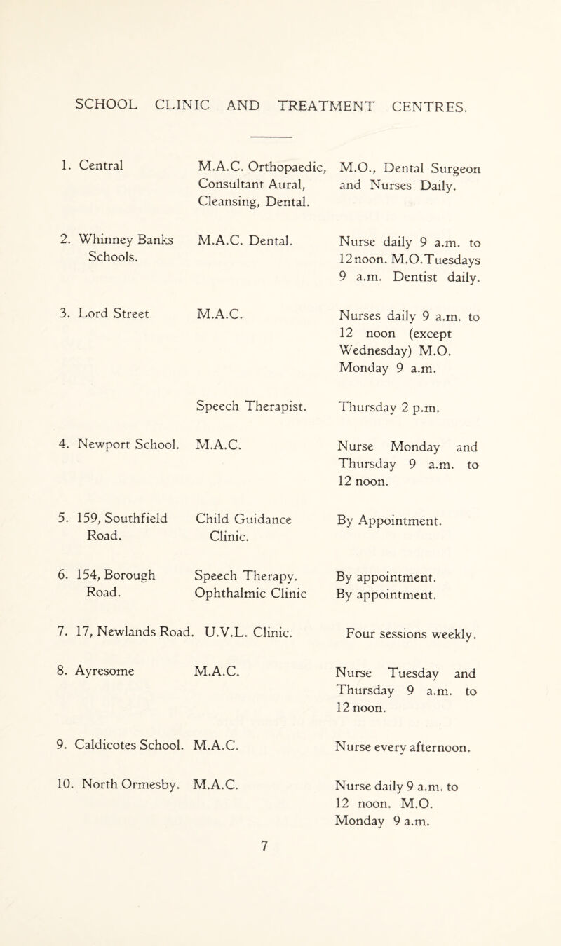 SCHOOL CLINIC AND TREATMENT CENTRES. 1. Central 2. Whinney Banks Schools. 3. Lord Street 4. Newport School. 5. 159, Southfield Road. 6. 154, Borough Road. M.A.C. Orthopaedic, Consultant Aural, Cleansing, Dental. M.A.C. Dental. M.A.C. Speech Therapist. M.A.C. Child Guidance Clinic. Speech Therapy. Ophthalmic Clinic M.O., Dental Surgeon and Nurses Daily. Nurse daily 9 a.m. to 12 noon. M.O.Tuesdays 9 a.m. Dentist daily. Nurses daily 9 a.m. to 12 noon (except Wednesday) M.O. Monday 9 a.m. Thursday 2 p.m. Nurse Monday and Thursday 9 a.m. to 12 noon. By Appointment. By appointment. By appointment. Four sessions weekly. Nurse Tuesday and Thursday 9 a.m. to 12 noon. Nurse every afternoon. Nurse daily 9 a.m. to 12 noon. M.O. Monday 9 a.m. 7. 17, Newlands Road. U.V.L. Clinic. 8. Ayresome M.A.C. 9. Caldicotes School. M.A.C. 10. North Ormesby. M.A.C.