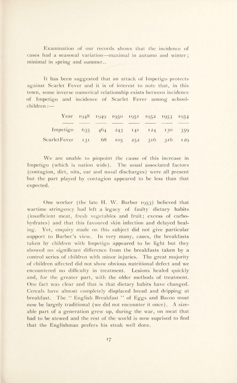 Examination of our records shows that the incidence of cases had a seasonal variation—maximal in autumn and winter; minimal in spring- and summer.. It has been suggested that an attack of Impetigo protects against Scarlet Fever and it is of interest to note that, in this town, some inverse numerical relationship exists between incidence of Impetigo and incidence of Scarlet Fever among school- children :— Year 1948 I949 19S° ^JS1 *952 T953 J954 Impetigo 635 464 243 141 124 I3° 359 ScarletFever J31 68 105 252 3 16 316 129 We are unable to pinpoint the cause of this increase in Impetigo (which is nation wide). The usual associated factors (contagion, dirt, nits, ear and nasal discharges) were all present but the part played by contagion appeared to be less than that expected. One worker (the late H. W. Barber 1953) believed that wartime stringency had left a legacy of faulty dietary habits (insufficient meat, fresh vegetables and fruit; excess of carbo¬ hydrates) and that this favoured skin infection and delayed heal¬ ing. Yet, enquiry made on this subject did not give particular support to Barber’s view. In very many, cases, the breakfasts taken by children with Impetigo appeared to be light but they showed no significant difference from the breakfasts taken by a control series of children with minor injuries. The great majority of children affected did not show obvious nutritional defect and we encountered no difficulty in treatment. Lesions healed quickly and, for the greater part, with the older methods of treatment. One fact was clear and that is that dietary habits have changed. Cereals have almost completely displaced bread and dripping at breakfast. The “ English Breakfast ” of Eggs and Bacon must now be largely traditional (we did not encounter it once). A size¬ able part of a generation grew up, during the war, on meat that had to be stewed and the rest of the world is now suprised to find that the Englishman prefers his steak well done.