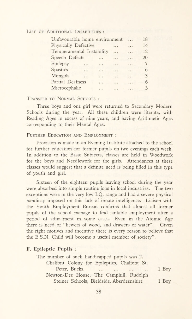 List of Additional Disabilities : Unfavourable home environment Physically Defective Temperamental Instability ... Speech Defects Epilepsy Spastics Mongols Partial Deafness Microcephalic 18 14 12 20 7 6 3 6 3 Transfer to Normal Schools : Three boys and one girl were returned to Secondary Modern Schools during the year. All these children were literate, with Reading Ages in excess of nine years, and having Arithmetic Ages corresponding to their Mental Ages. Further Education and Employment : Provision is made in an Evening Institute attached to the school for further education for former pupils on two evenings each week. In addition to the Basic Subjects, classes are held in Woodwork for the boys and Needlework for the girls. Attendances at these classes would suggest that a definite need is being filled in this type of youth and girl. Sixteen of the eighteen pupils leaving school during the year were absorbed into simple routine jobs in local industries. The two exceptions were in the very low I.Q. range and had a severe physical handicap imposed on this lack of innate intelligence. Liaison with the Youth Employment Bureau confirms that almost all former pupils of the school manage to find suitable employment after a period of adjustment in some cases. Even in the Atomic Age there is need of ^'hewers of wood, and drawers of water'. Given the right motives and incentive there is every reason to believe that the E.S.N. Child will become a useful member of society. F. Epileptic Pupils : The number of such handicapped pupils was 2. Chalfont Colony for Epileptics, Chalfont St. Peter, Bucks. ... ... ... ... 1 Boy Newton-Dee House, The Camphill, Rudolph Steiner Schools, Bieldside, Aberdeenshire 1 Boy