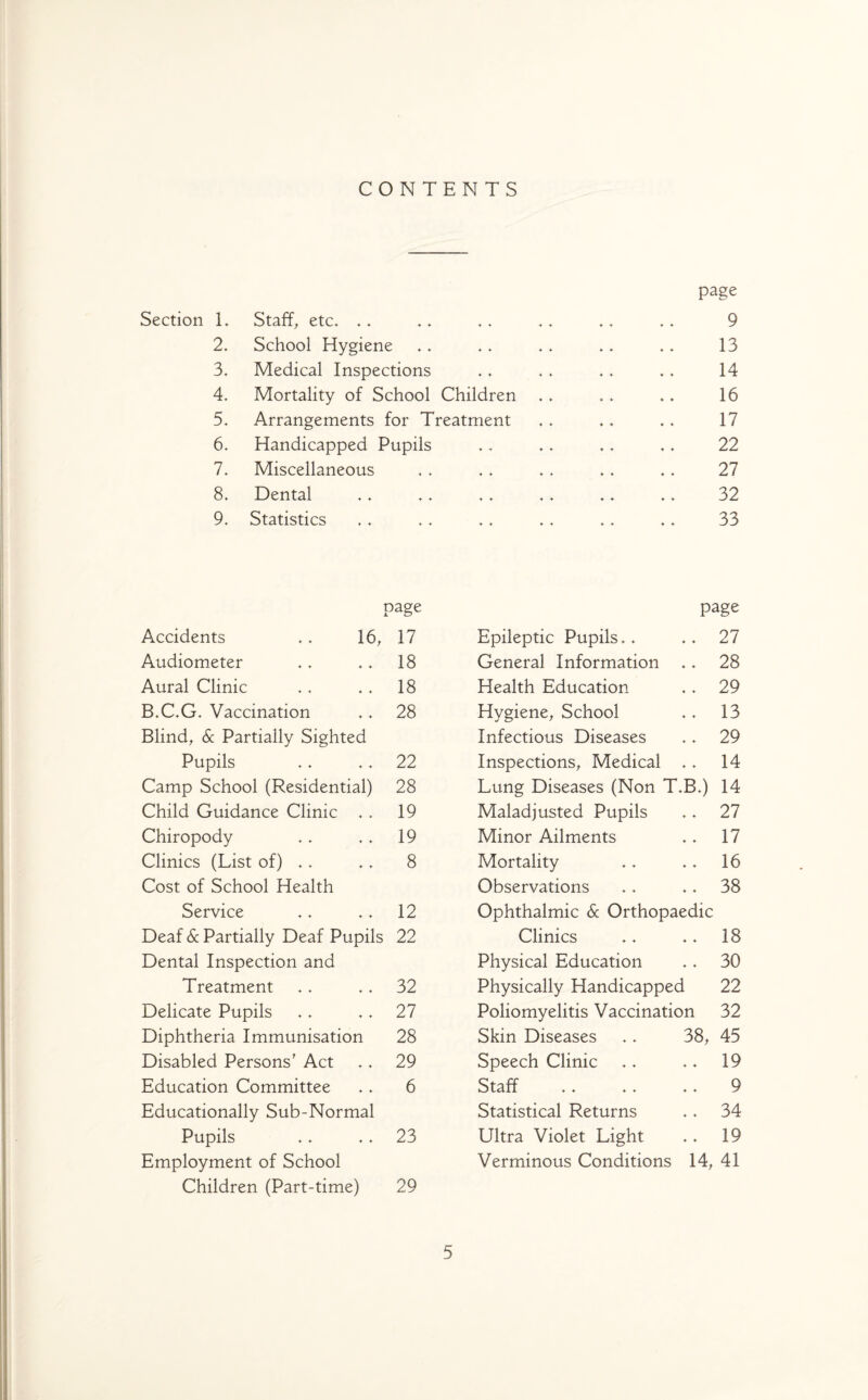 CONTENTS Section L Staff, etc. .. .. .. .. ♦ ♦ page 9 2. School Hygiene ♦ ♦ 13 3. Medical Inspections ♦ ♦ 14 4. Mortality of School Children .. ♦ ♦ .. 16 5. Arrangements for Treatment ♦ ♦ 17 6. Handicapped Pupils ♦ ♦ 22 7. Miscellaneous ♦ ♦ 27 8. Dental ♦ ♦ 32 9. Statistics ♦ ♦ 33 page page Accidents .. 16, 17 Epileptic Pupils.. .. 27 Audiometer 18 General Information .. 28 Aural Clinic 18 Health Education .. 29 B.C.G. Vaccination 28 Hygiene, School .. 13 Blind, & Partially Sighted Infectious Diseases .. 29 Pupils 22 Inspections, Medical .. 14 Camp School (Residential) 28 Lung Diseases (Non T.B.) 14 Child Guidance Clinic .. 19 Maladjusted Pupils .. 27 Chiropody 19 Minor Ailments .. 17 Clinics (List of) .. 8 Mortality .. .. 16 Cost of School Health Observations .. .. 38 Service 12 Ophthalmic 6c Orthopaedic Deaf 6c Partially Deaf Pupils 22 Clinics .. .. 18 Dental Inspection and Physical Education .. 30 Treatment 32 Physically Handicapped 22 Delicate Pupils 27 Poliomyelitis Vaccination 32 Diphtheria Immunisation 28 Skin Diseases .. 38, 45 Disabled Persons' Act 29 Speech Clinic .. .. 19 Education Committee 6 Staff .. .. .. 9 Educationally Sub-Normal Statistical Returns .. 34 Pupils 23 Ultra Violet Light .. 19 Employment of School Verminous Conditions 14, 41 Children (Part-time) 29