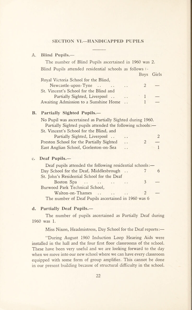 SECTION VI.—HANDICAPPED PUPILS A. Blind Pupils.— The number of Blind Pupils ascertained in 1960 was 2. Blind Pupils attended residential schools as follows Boys Girls Royal Victoria School for the Blind, Newcastle-upon-Tyne .. .. .. 2 — St. Vincent's School for the Blind and Partially Sighted, Liverpool .. .. 1 — Awaiting Admission to a Sunshine Home .. 1 — B. Partially Sighted Pupils.— No Pupil was ascertained as Partially Sighted during 1960. Partially Sighted pupils attended the following schools:— St. Vincent's School for the Blind, and Partially Sighted, Liverpool .... 2 Preston School for the Partially Sighted .. 2 — East Anglian School, Gorleston-on-Sea .. 1 c. Deaf Pupils.— Deaf pupils attended the following residential schools:— Day School for the Deaf, Middlesbrough .. 7 6 St. John's Residential School for the Deaf Boston Spa .. .. .. .. 3 — Burwood Park Technical School, Walton-on-Thames .. .. .. 2 — The number of Deaf Pupils ascertained in 1960 was 6 d. Partially Deaf Pupils.— The number of pupils ascertained as Partially Deaf during 1960 was 1. Miss Nixon, Headmistress, Day School for the Deaf reports:— “During August 1960 Induction Loop Hearing Aids were installed in the hall and the four first floor classrooms of the school. These have been very useful and we are looking forward to the day when we move into our new school where we can have every classroom equipped with some form of group amplifier. This cannot be done in our present building because of structural difficulty in the school.