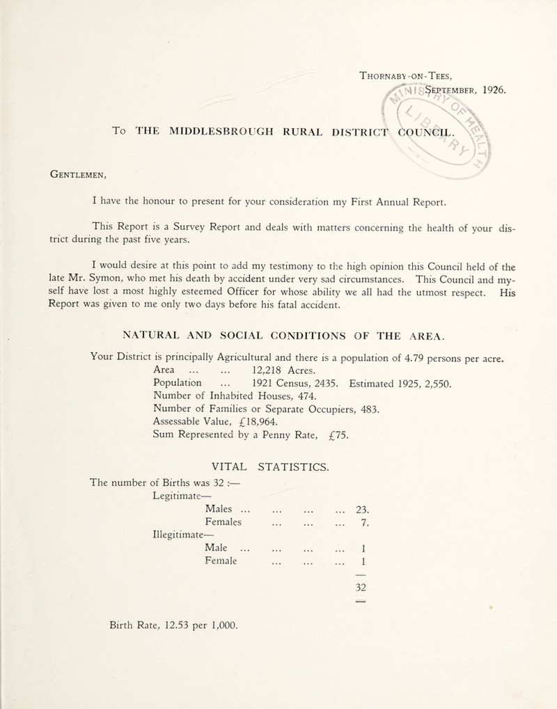 Thornabv -on-Tees, y *A 1 September, 1926. To THE MIDDLESBROUGH RURAL DISTRICT COUNCIL. Gentlemen, I have the honour to present for your consideration my First Annual Report. This Report is a Survey Report and deals with matters concerning the health of your dis¬ trict during the past five years. I would desire at this point to add my testimony to the high opinion this Council held of the late Mr. Symon, who met his death by accident under very sad circumstances. This Council and my¬ self have lost a most highly esteemed Officer for whose ability we all had the utmost respect. His Report was given to me only two days before his fatal accident. NATURAL AND SOCIAL CONDITIONS OF THE AREA. Your District is principally Agricultural and there is a population of 4.79 persons per acre. Area ... ... 12,218 Acres. Population ... 1921 Census, 2435. Estimated 1925, 2,550. Number of Inhabited Houses, 474. Number of Families or Separate Occupiers, 483. Assessable Value, £18,964. Sum Represented by a Penny Rate, £75. VITAL STATISTICS. The number of Births was 32 :— Legitimate— Males ... Females Illegitimate— Male Female 32 23. 7. 1 1 Birth Rate, 12.53 per 1,000.