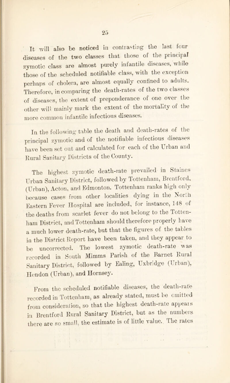 It will also be noticed in contrasting the last four diseases of the two classes that those of the principal zymotic class are almost purely infantile diseases, while those of the scheduled notifiable class, with the exception perhaps of cholera, are almost equally confined to adults. Therefore, in comparing the death-rates of the two classes of diseases, the extent of preponderance of one over the other will mainly mark the extent of the mortality of the more common infantile infectious diseases. In the following table the death and death-rates of the principal zymotic and of the notifiable inlectious diseases have been set out and calculated for each of the Urban and Rural Sanitary Districts of the County. The highest zymotic death-rate prevailed in Staines Urban Sanitary District, followed by Tottenham, Brentford, (Urban), Acton, and Edmonton. Tottenham ranks high only because cases from other localities dying in the North Eastern Fever Hospital are included, for instance, 148 of the deaths from scarlet fever do not belong to the Totten¬ ham District, and Tottenham should therefore properly have a much lower death-rate, but that the figuies of the tables in the District Report have been taken, and they appear to be uncorrected. The lowest zymotic death-rate was recorded in South Mimms Parish of the Barnet Rural Sanitary District, followed by Ealing, Uxbridge (Urban), Hendon (Urban), and Hornsey. From the scheduled notifiable diseases, the death-rate recorded in Tottenham, as already stated, must be omitted from consideration, so that the highest death-rate appears in Brentford Rural Sanitary District, but as the numbers there are so small, the estimate is of little value. The rates