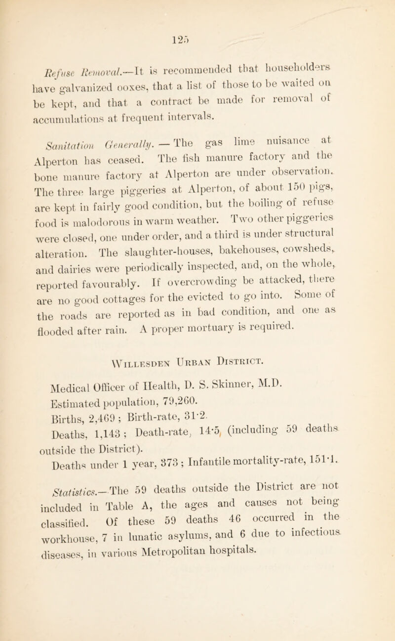 12) Refuse Removal.— It is recommended that householders have galvanized ooxes, that a list of those to be waited on be kept, and that a contract be made for removal of accumulations at frequent intervals. Sanitation Generally.- The gas lime nuisance at Alperton has ceased. The fish manure factory and the bone manure factory at Alperton are under observation. The three large piggeries at Alperton, of about 150 pigs, are kept in fairly good condition, but the boiling of refuse food is malodorous in warm weather. Two other piggeries were closed, one under order, and a third is under structural alteration. The slaughter-houses, bakehouses, cowsheds, and dairies were periodically inspected, and, on the whole, reported favourably. If overcrowding be attacked, there are no good cottages for the evicted to go into. Some of the roads are reported as in bad condition, and one as flooded after rain. A proper mortuary is requiied. Willesden Urban District. Medical Officer of Health, D. S. Skinner, M.D. Estimated population, 79,260. Births, 2,469 ; Birth-rate, 31*2. Deaths, 1.143 ; Death-rate, 14*5 (including 59 deaths outside the District). Deaths under 1 year, 373; Infantile mortality-rate, 151 i. Statistics._The 59 deaths outside the District are not included in Table A, the ages and causes not being classified. Of these 59 deaths 46 occurred m the workhouse, 7 in lunatic asylums, and 6 due to infectious diseases, in various Metropolitan hospitals.